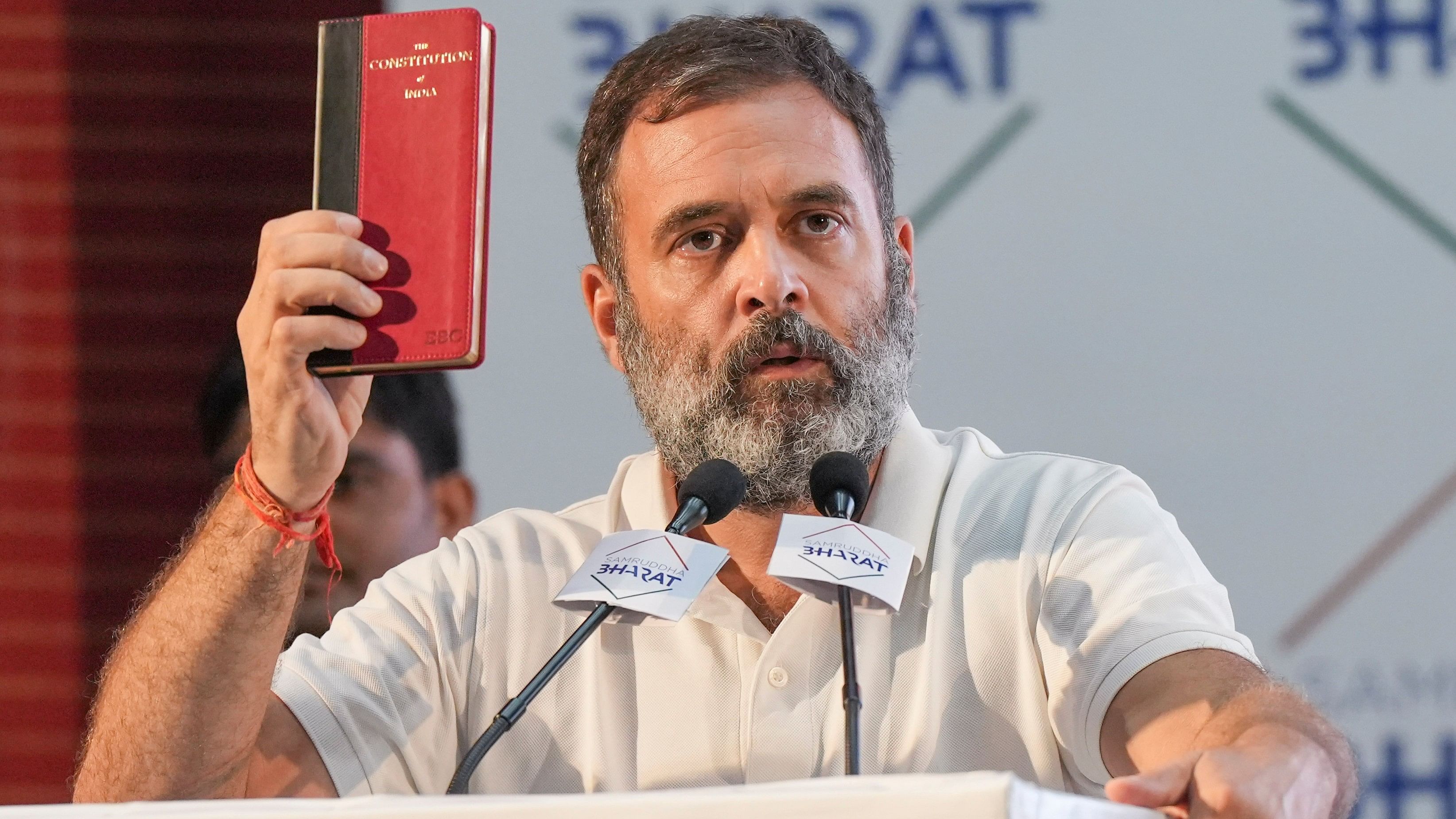 <div class="paragraphs"><p>Congress leader Rahul Gandhi speaks during the 'Rashtriya Samvidhan Sammelan', in Lucknow, Friday, May 10, 2024. </p></div>