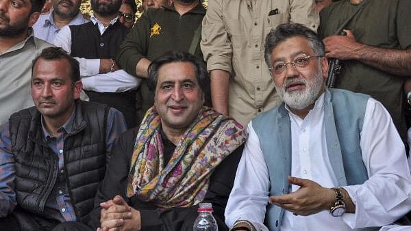 <div class="paragraphs"><p>Jammu and Kashmir People’s Conference (JKPC) Chief and party candidate Sajjad Lone and party leader Imran Raza Ansari during a public meeting for Lok Sabha elections.</p></div>