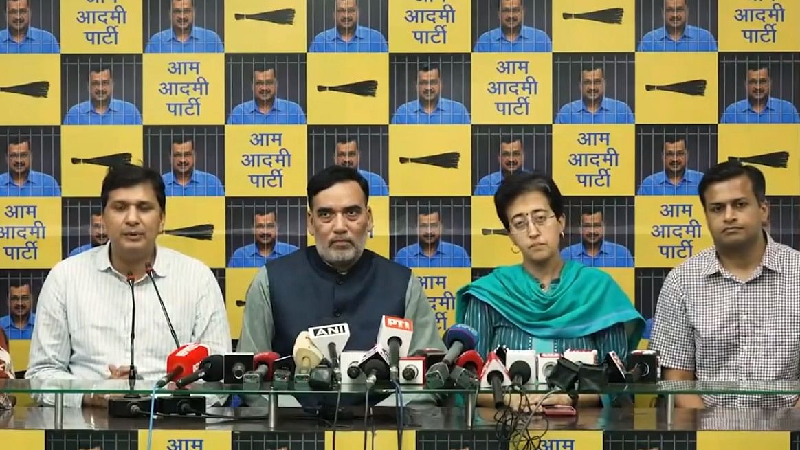 <div class="paragraphs"><p>AAP leaders including Saurabh Bharadwaj, Atishi, Gopal Rai and others at a press conference after the Supreme Court granted interim bail to Delhi CM Arvind Kejriwal.&nbsp;</p></div>