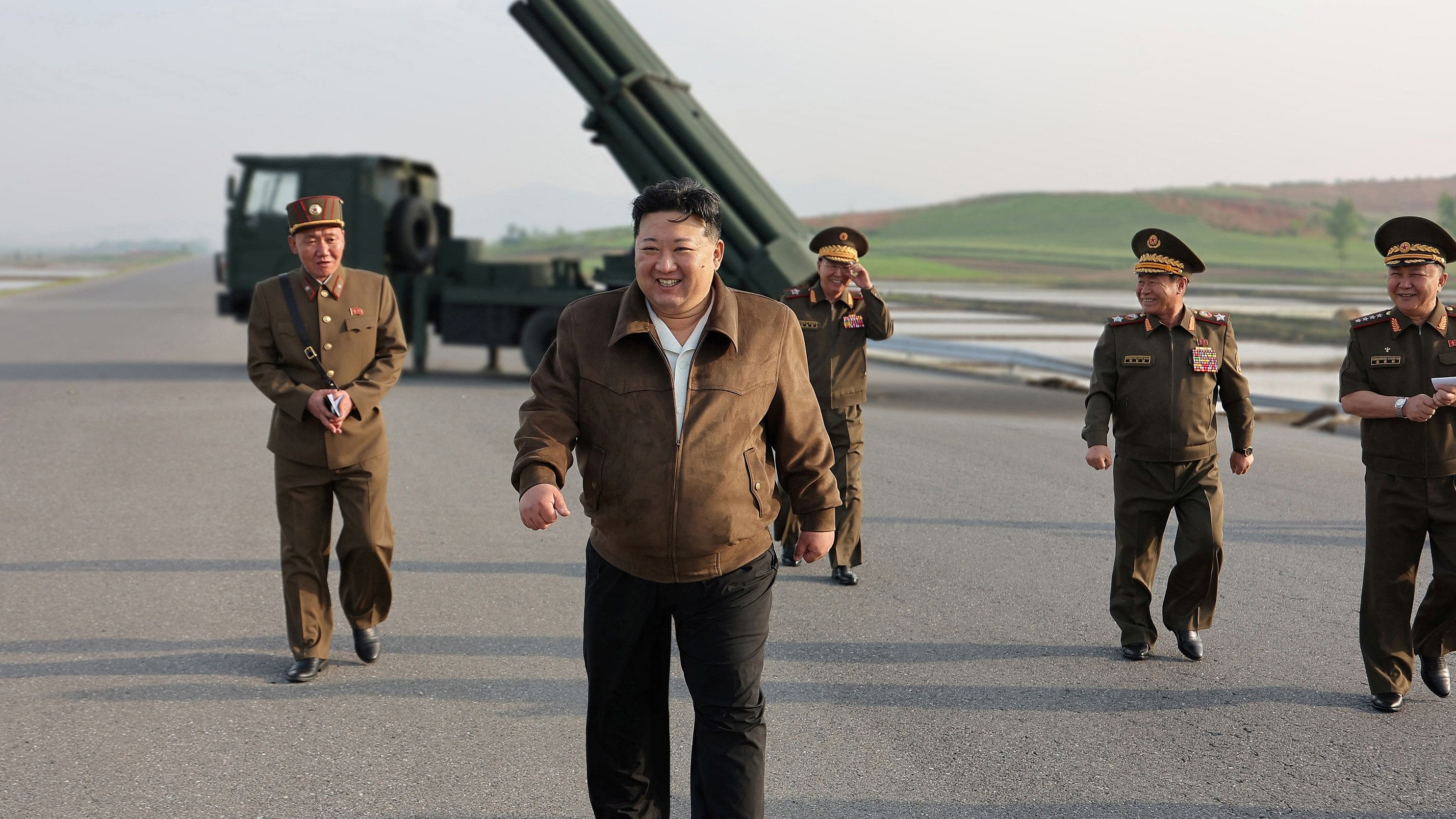 <div class="paragraphs"><p>North Korean leader Kim Jong Un inspects the country's artillery weapon system and attends the test-firing of such weapons, at an unknown location, May 10, 2024</p></div>