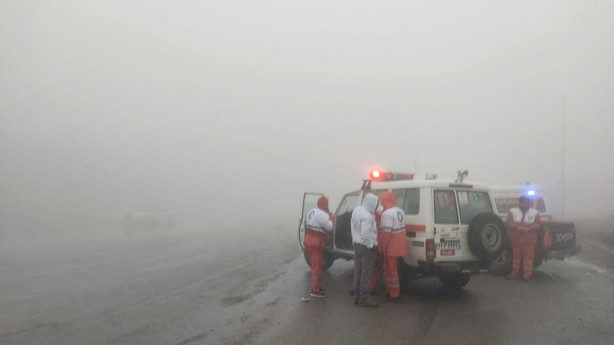 <div class="paragraphs"><p>Rescue team work following a crash of a helicopter carrying Iran's President Ebrahim Raisi, in Varzaqan, East Azerbaijan Province, Iran.</p></div>