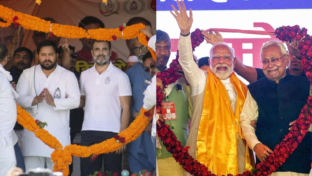 <div class="paragraphs"><p>Rahul Gandhi, RJD leader Tejashwi Yadav being garlanded during a public meeting in Patna (L); PM Modi and Bihar CM Nitish Kumar being garlanded during a public gathering in Aurangabad (R).</p></div>