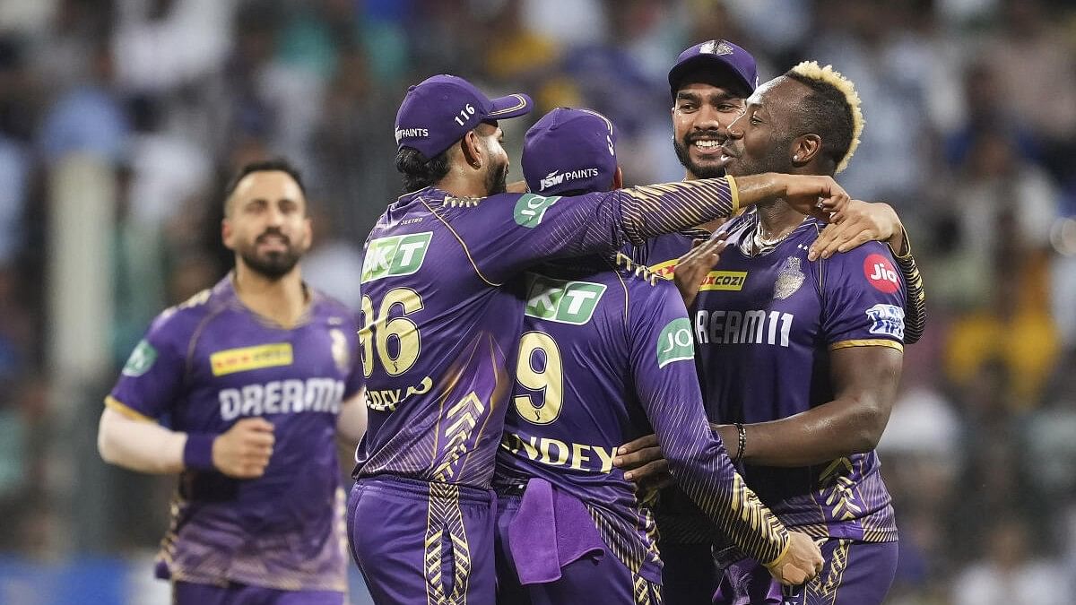 <div class="paragraphs"><p>Kolkata Knight Riders players celebrates the wicket of Mumbai Indians player Rohit Sharma during the IPL match between Kolkata Knight Riders and Mumbai Indians, at Wankhede Stadium in Mumbai.&nbsp;</p></div>