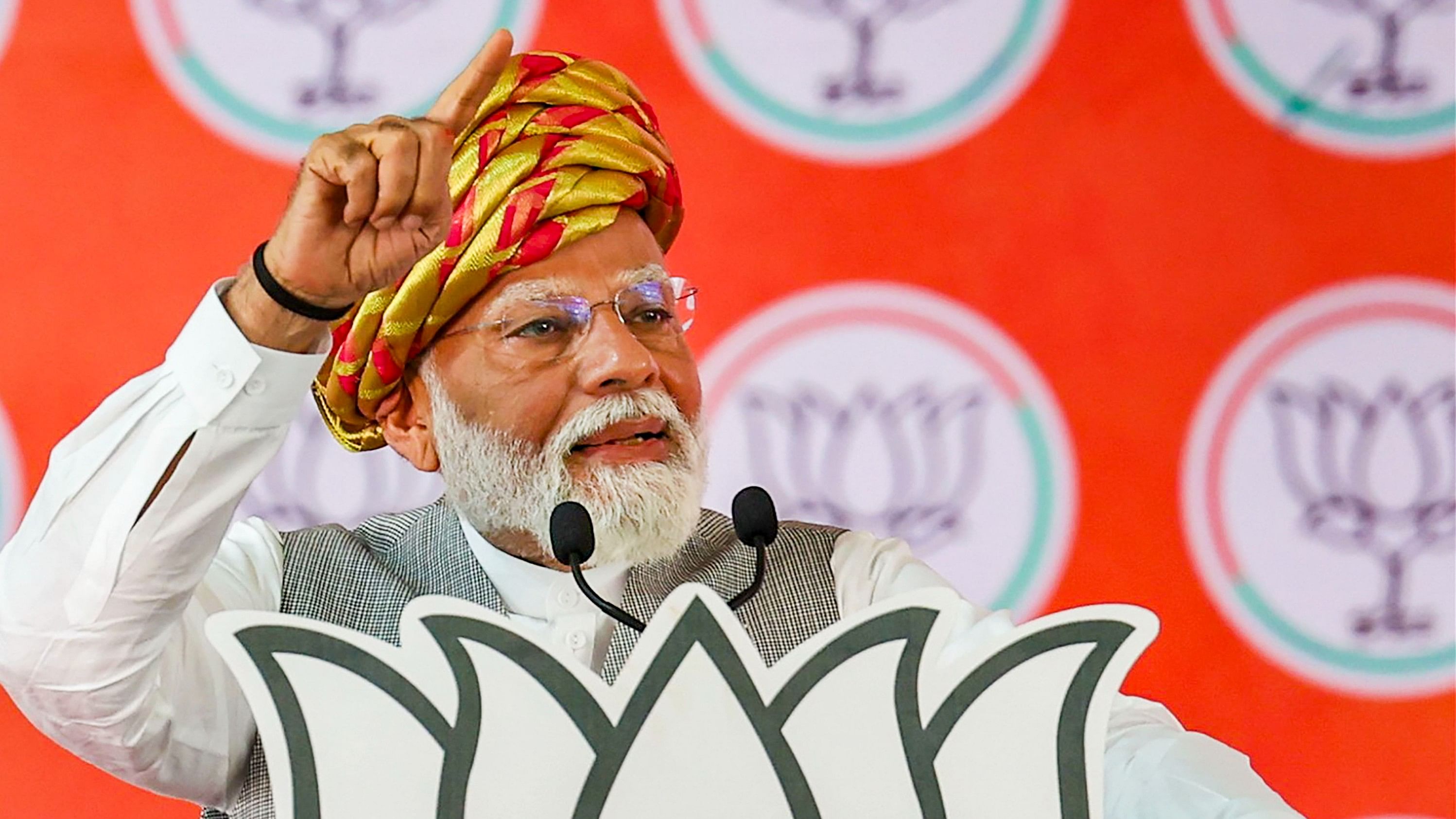 <div class="paragraphs"><p>Prime Minister Narendra Modi addresses a public meeting ahead of the 3rd phase of Lok Saba polls, in Jamnagar, Gujarat, on Thursday.</p></div>