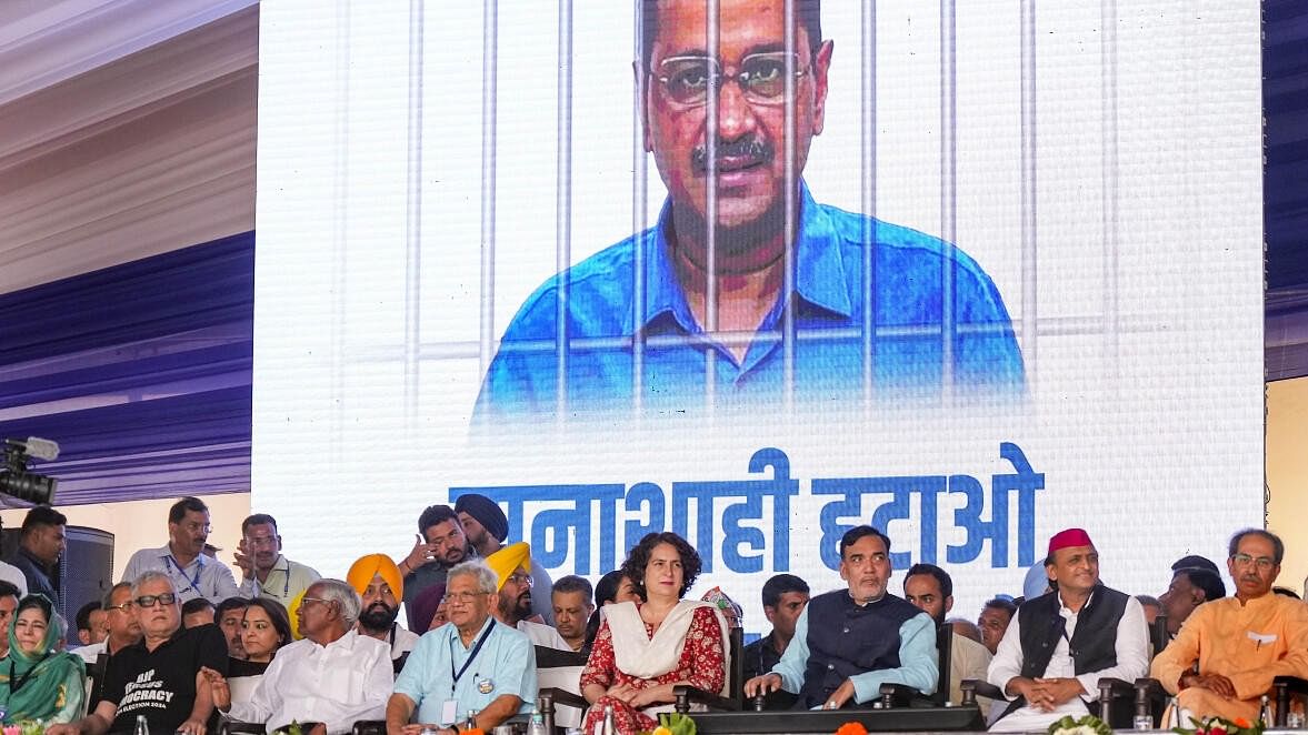 <div class="paragraphs"><p>Opposition leaders during I.N.D.I.A. bloc's 'Loktantra Bachao Rally' at Ramleela Maidan in Delhi.&nbsp;</p></div>