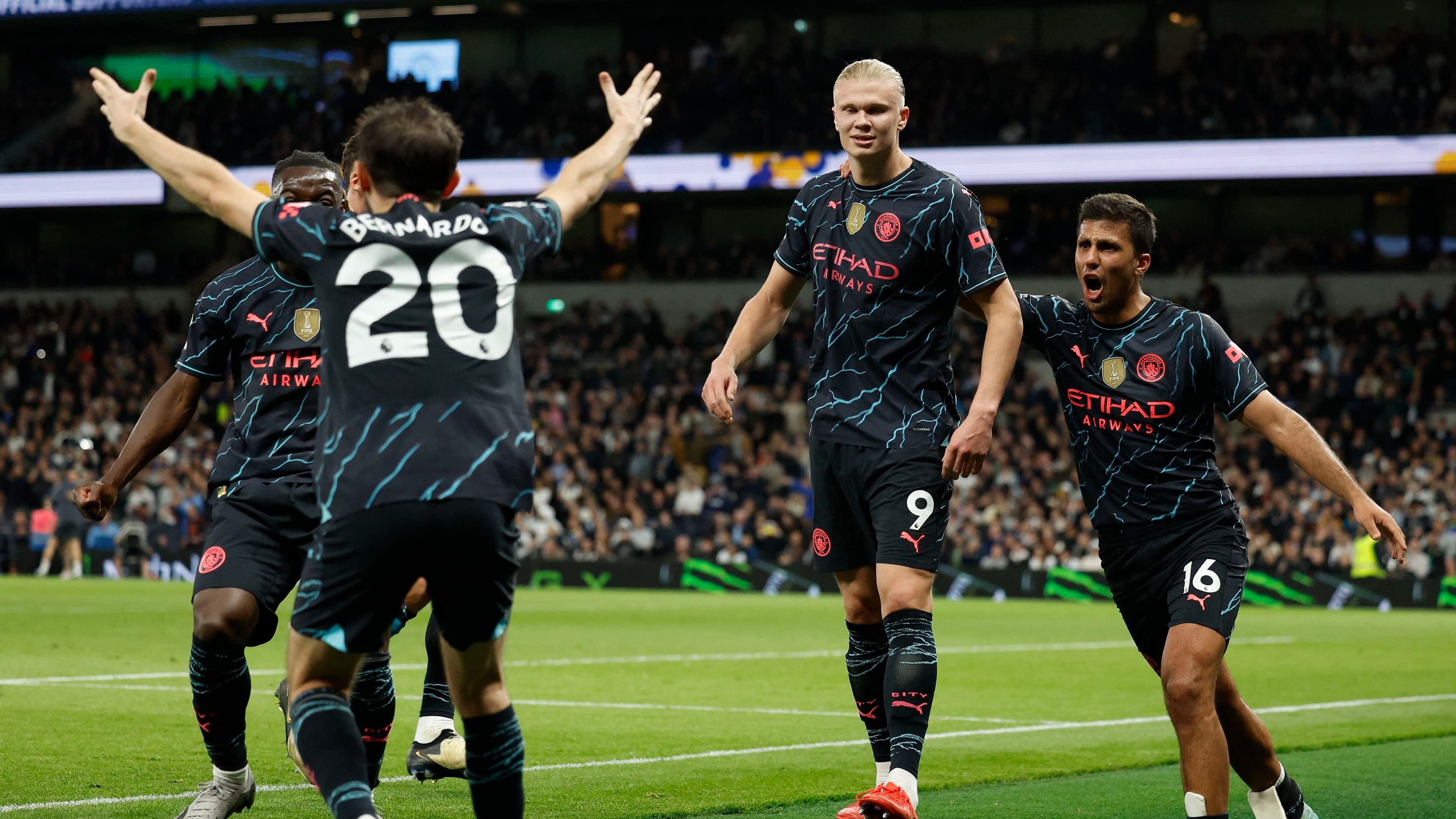 <div class="paragraphs"><p>Manchester City's Erling Braut Haaland celebrates scoring their second goal with Bernardo Silva, Jeremy Doku and Rodri</p></div>