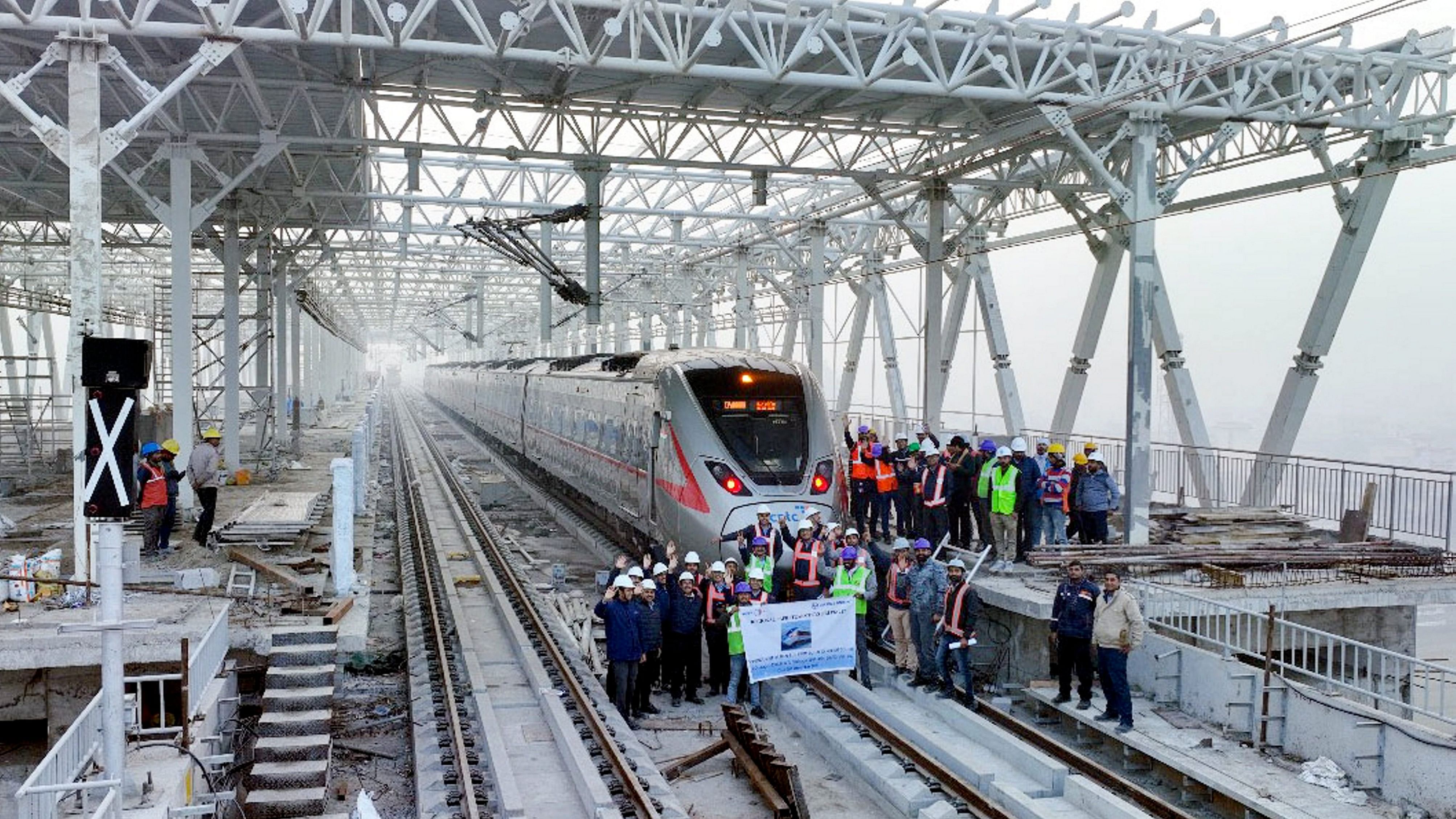 <div class="paragraphs"><p>File photo of trial run of Namo Bharat train between Duhai and Meerut South RRTS station, in Ghaziabad in December 2023.&nbsp;Currently, the Namo Bharat train services operate at eight stations along the 34-km section between Sahibabad and Modi Nagar North. </p></div>