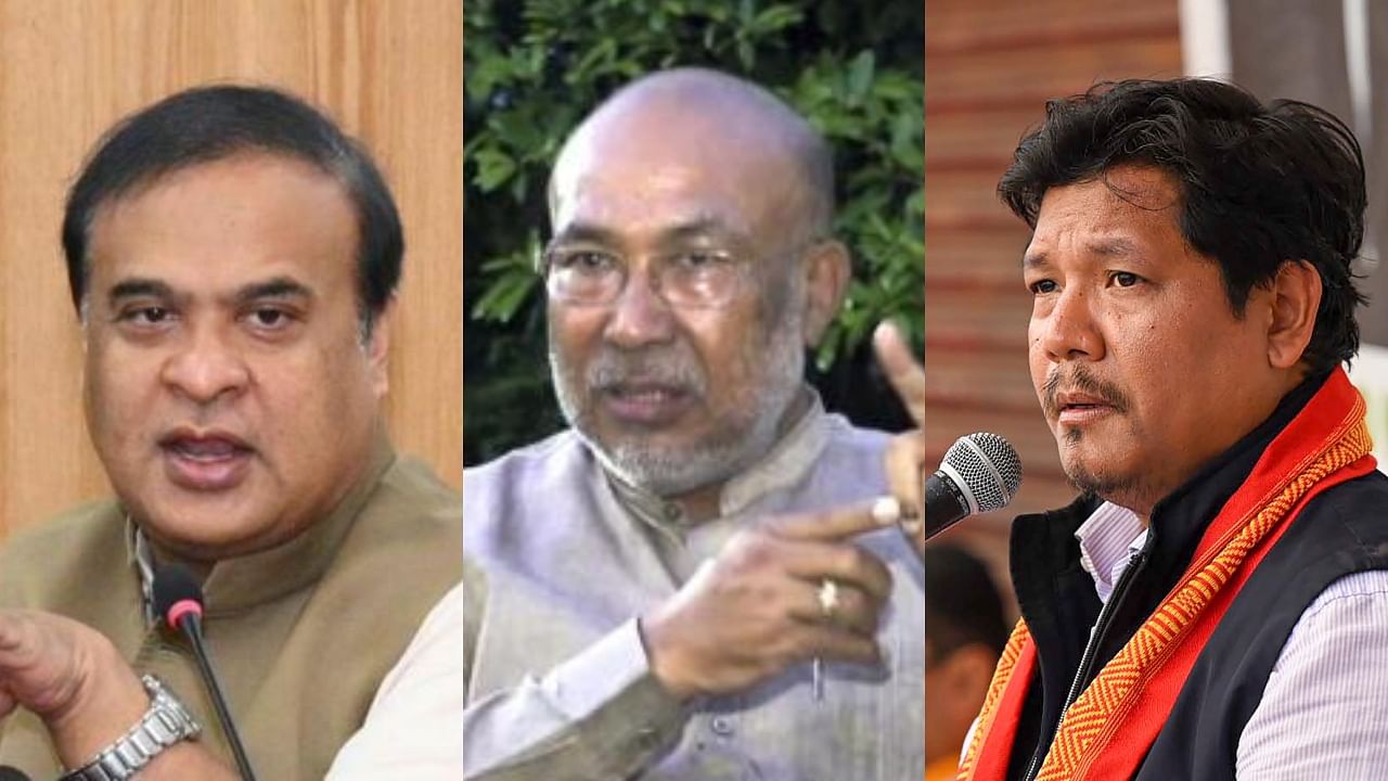 <div class="paragraphs"><p>Assam Chief Minister Himanta Biswa Sarma, Manipur CM N Biren Singh and their Meghalaya counterpart Conrad K Sangma (L-R).</p></div>