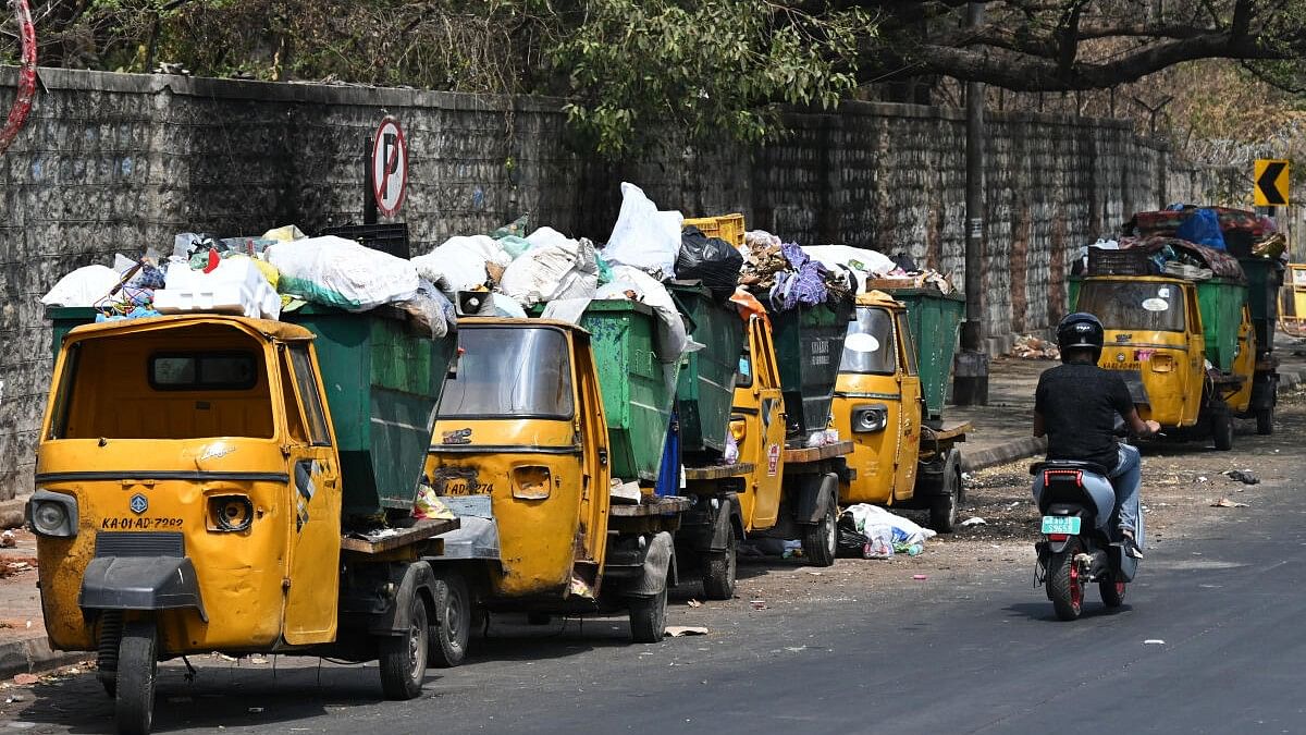 <div class="paragraphs"><p>A line of BBMP garbage collection vehicles filled with trash, parked on Siddapura Road in Bengaluru.</p></div>