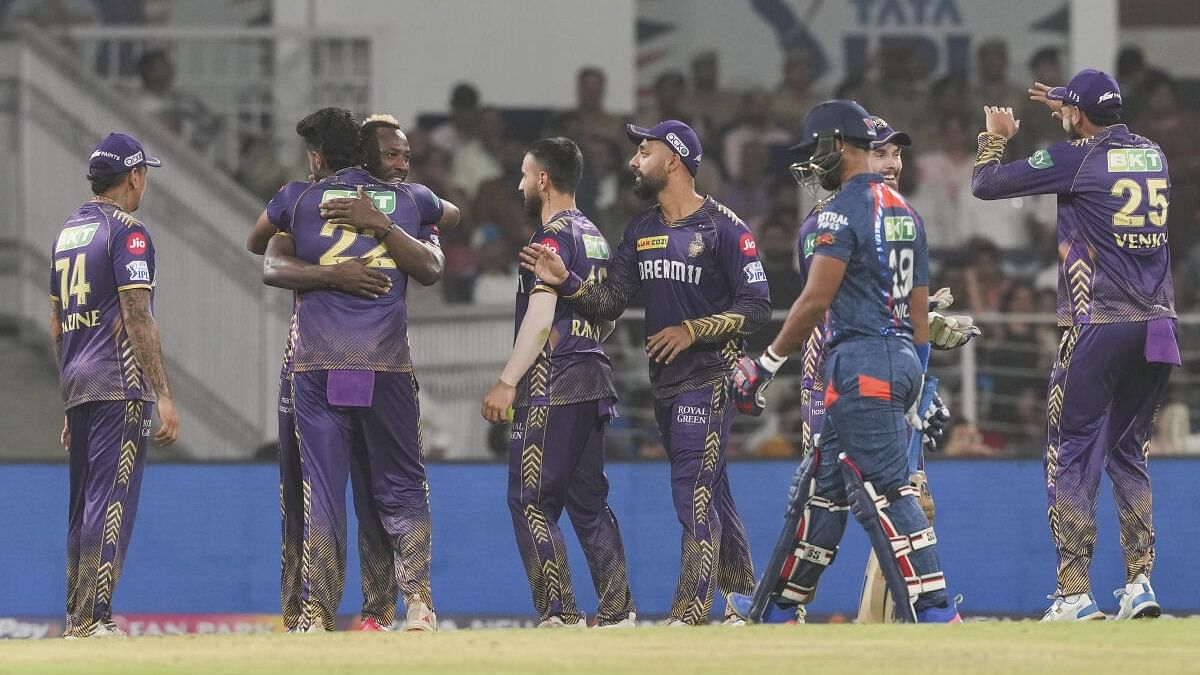 <div class="paragraphs"><p>Kolkata Knight Riders player Andre Russell with teammates celebrates the wicket of Lucknow Super Giants batter Nicholas Pooran during the Indian Premier League (IPL) 2024 T20 cricket match between Lucknow Super Giants and Kolkata Knight Riders, at Bharat Ratna Shri Atal Bihari Vajpayee Ekana Cricket Stadium.</p></div>