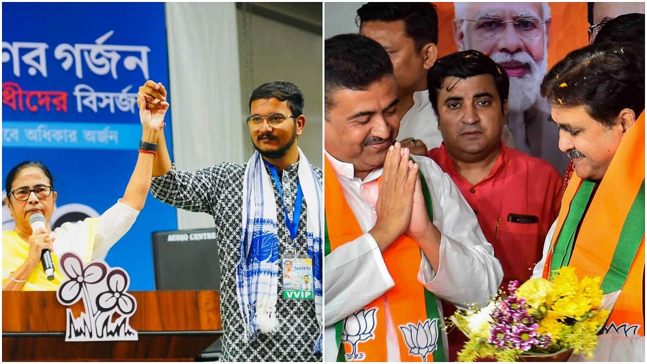 <div class="paragraphs"><p>Mamata Banerjee with party candidate from Tamluk Debangshu Bhattacharya(L) and BJP's Suvendu Adhikari with party candidate&nbsp;Abhijit Ganguly.&nbsp;</p></div>