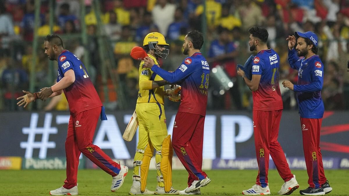 <div class="paragraphs"><p>Royal Challengers Bengaluru player Virat Kohli and Chennai Super Kings batter Ravindra Jadeja greet each other after Bengaluru won the Indian Premier League (IPL) 2024 cricket match against Chennai Super Kings, at M Chinnaswamy Stadium in Bengaluru, Saturday, May 18, 2024.</p></div>