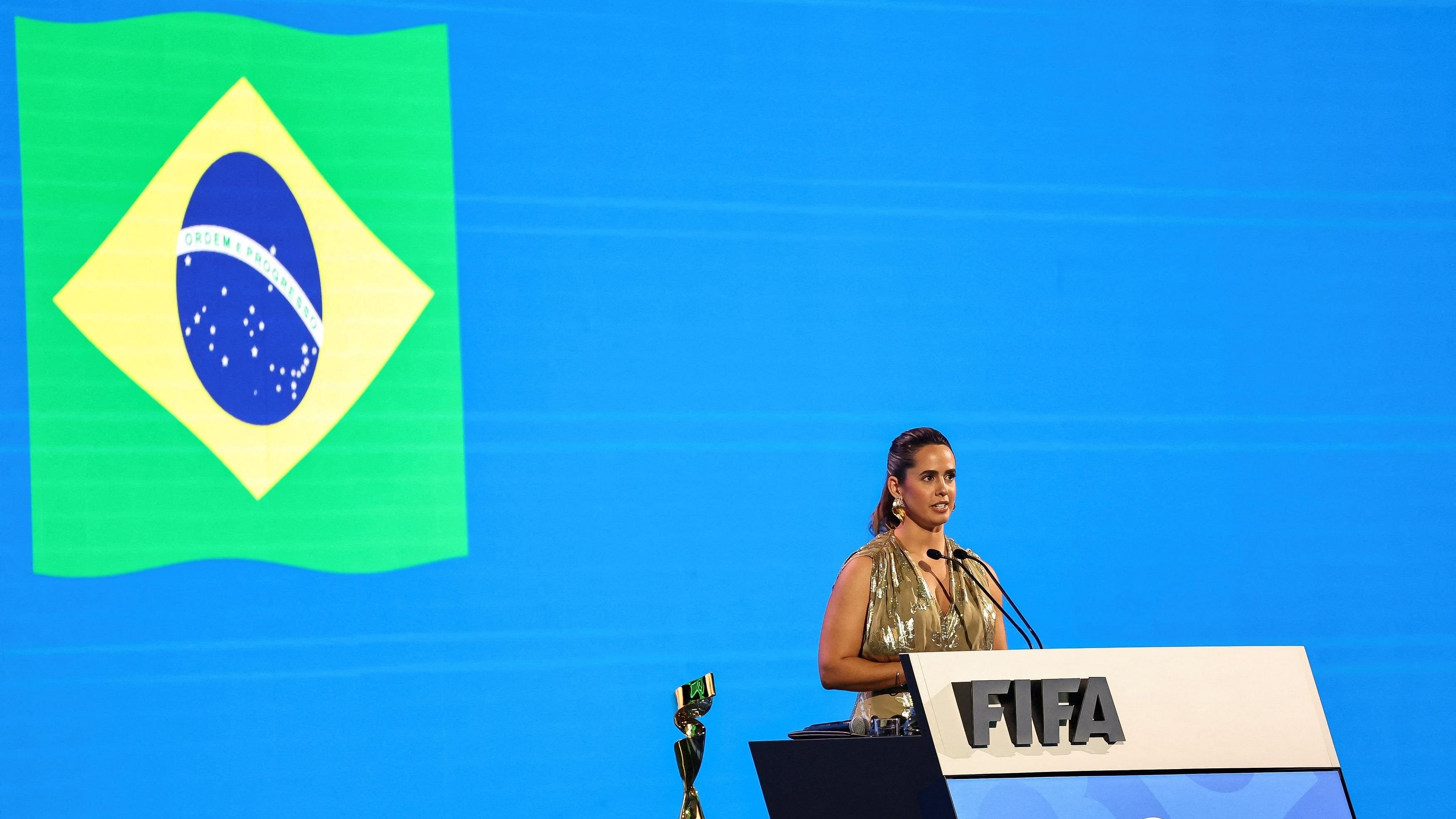 <div class="paragraphs"><p>Brazilian representative Duda Pavao speaks during the presentation of the bid by Brazil to host the Women's World Cup at the 74th FIFA Congress at the Queen Sirikit National Convention Center, in Bangkok, Thailand, May 17, 2024. </p></div>