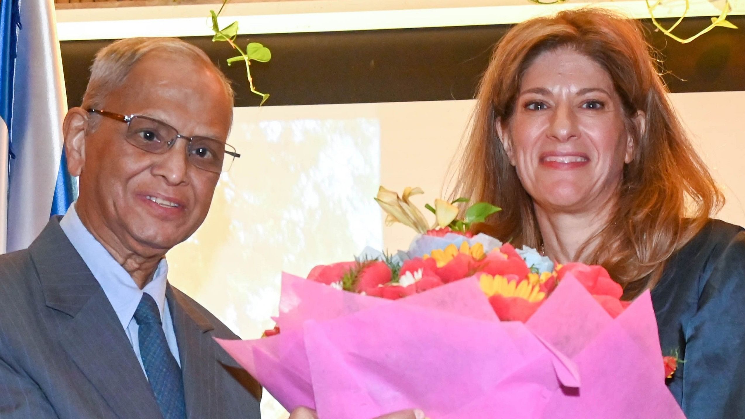 <div class="paragraphs"><p>Infosys co-founder NR Narayana Murthy greets Tammy Ben-Haim, Consul General of Israel to South India, during the celebrations on Monday. </p></div>