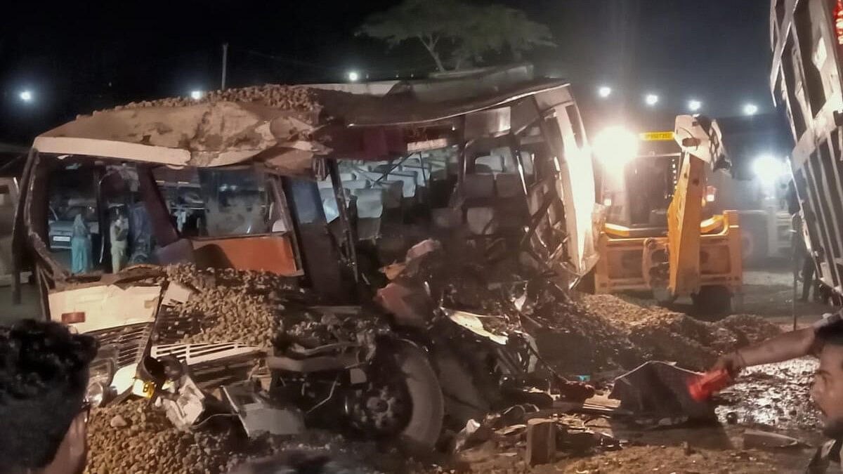 <div class="paragraphs"><p>A damaged bus after a dumper truck overturned on it, in Shahjahanpur, Saturday night, May 25, 2024.</p></div>