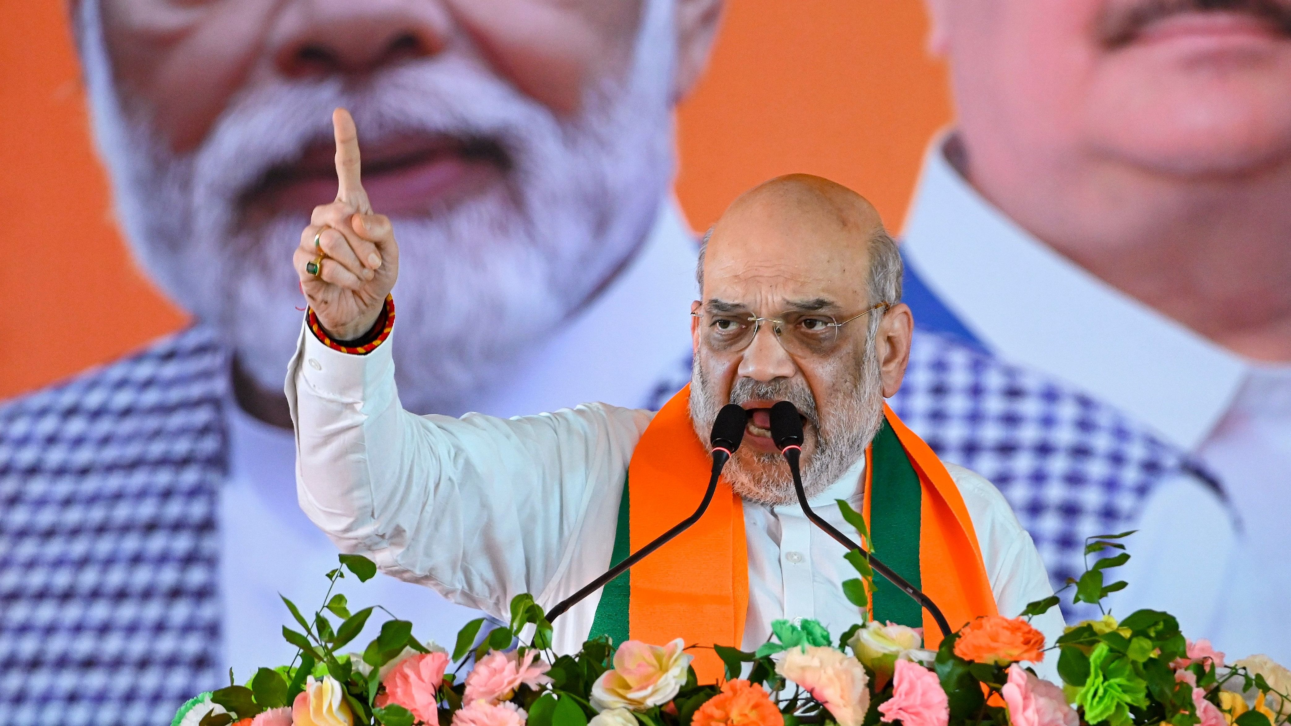 <div class="paragraphs"><p>Union Home Minister Amit Shah speaks during a public meeting for the Lok Sabha elections.</p></div>