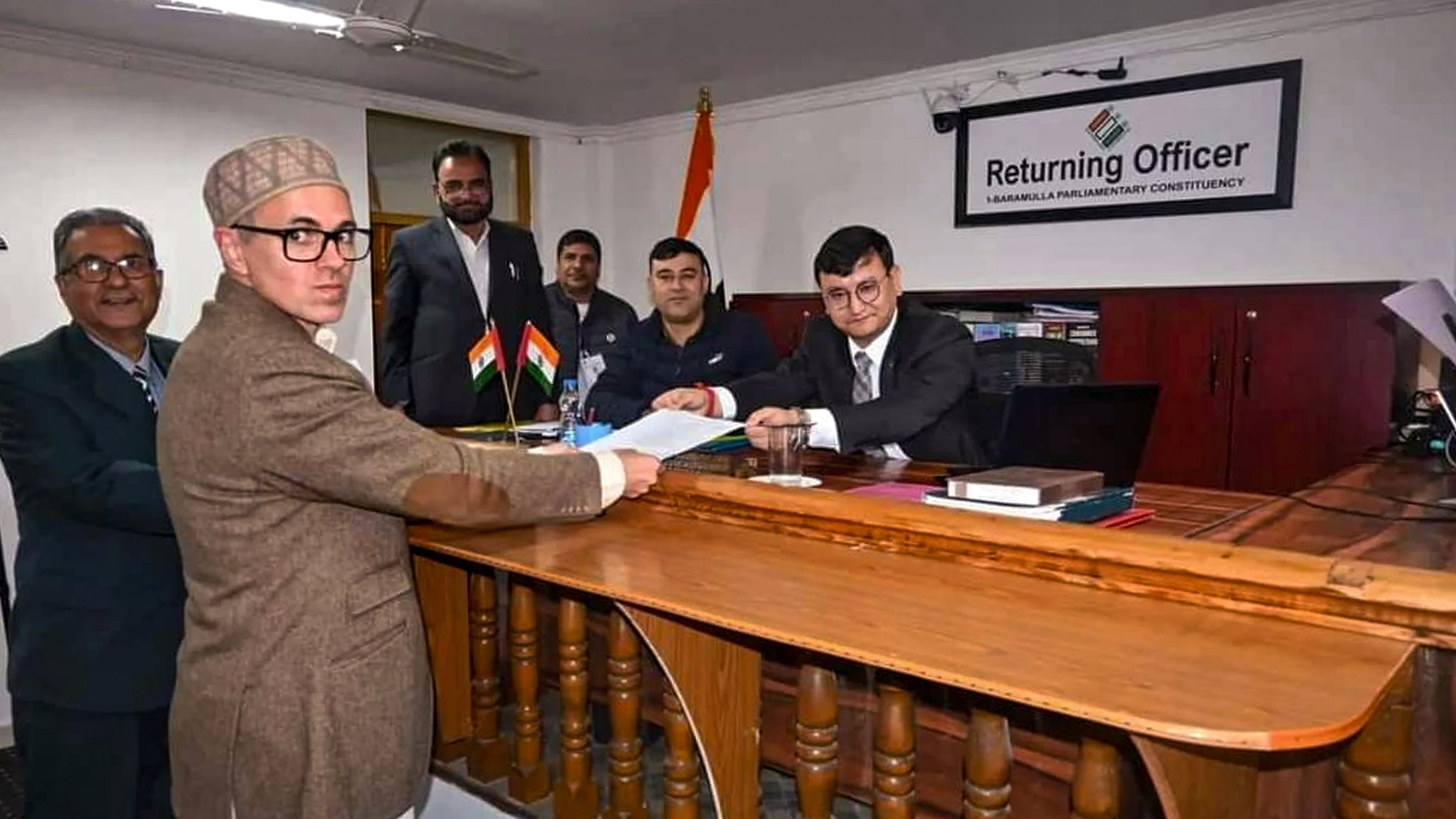 <div class="paragraphs"><p> Jammu and Kashmir National Conference (JKNC) leader and candidate from Baramulla constituency Omar Abdullah files his nomination papers for Lok Sabha elections, in Baramulla, Thursday, May 2, 2024. </p></div>