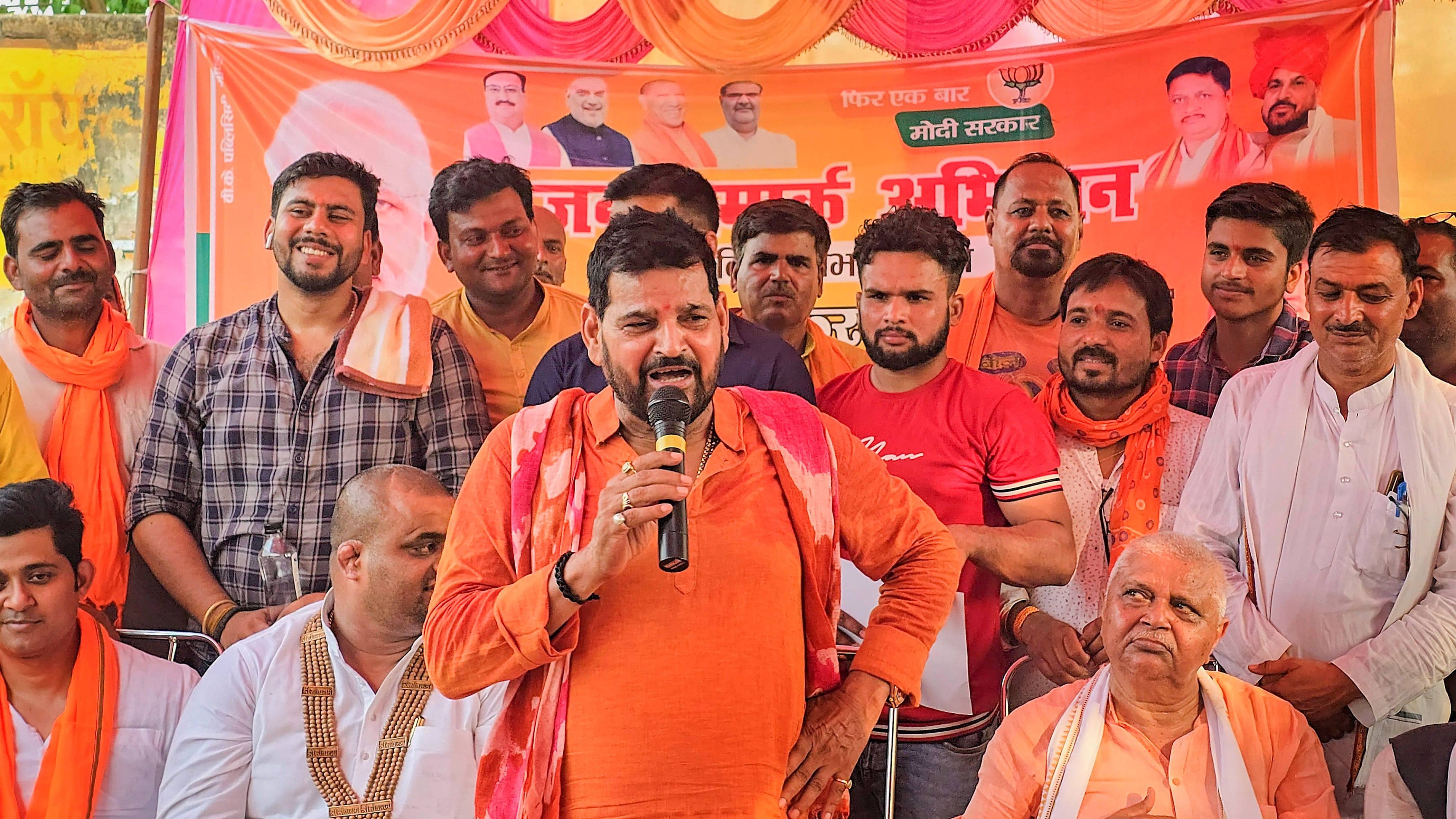 <div class="paragraphs"><p>BJP leader Brij Bhushan Sharan Singh addresses a public meeting in support of his son for the Lok Sabha elections, in Gonda district.</p></div>