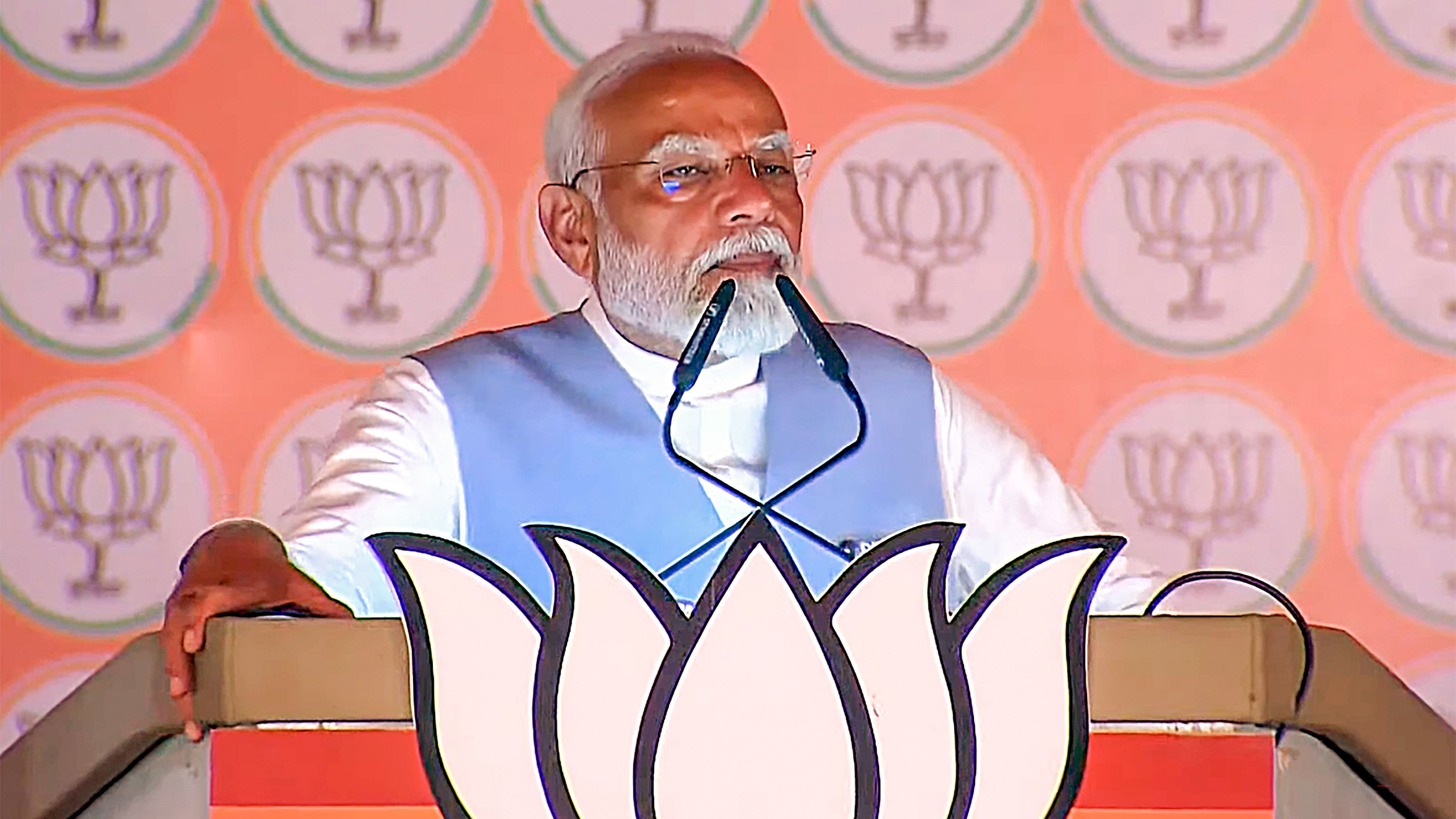 <div class="paragraphs"><p>Prime Minister Narendra Modi addresses a public meeting for the Lok Sabha elections, in Fatehpur district, on Friday.</p></div>