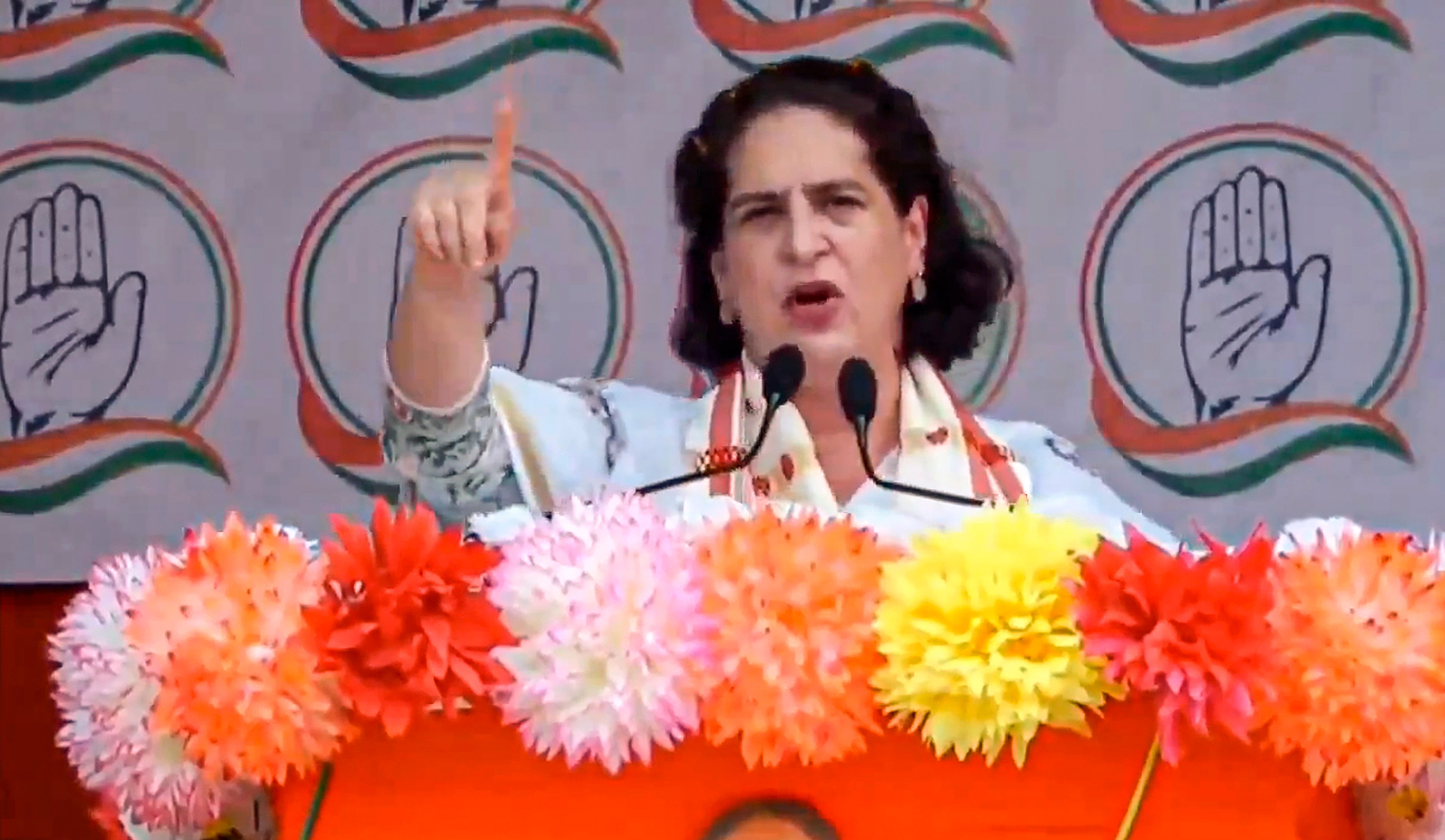 <div class="paragraphs"><p>Congress leader Priyanka Gandhi Vadra addresses a public meeting for Lok Sabha elections.&nbsp;</p></div>