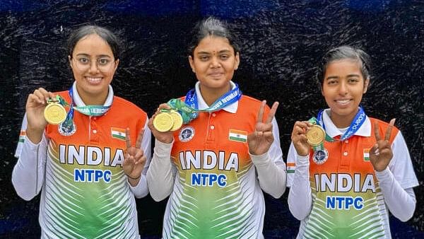 <div class="paragraphs"><p>(From L-R) Parneet Kaur, Jyothi Surekha Vennam and Aditi Swami after winning compound women's team gold medal at Archery World Cup Stage 1.</p></div>