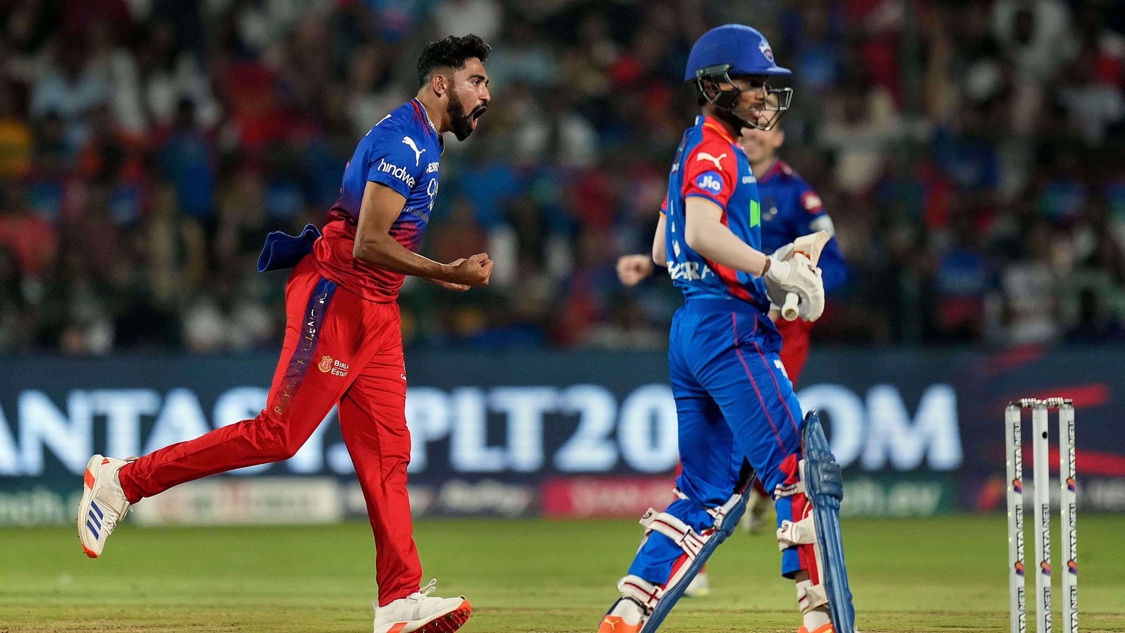 <div class="paragraphs"><p>Mohammed Siraj celebrates the wicket of Delhi Capitals' Kumar Kushagra during an Indian Premier League (IPL) 2024 T20 cricket match between Royal Challengers Bengaluru and Delhi Capitals, at the M Chinnaswamy Stadium, in Bengaluru.</p></div>