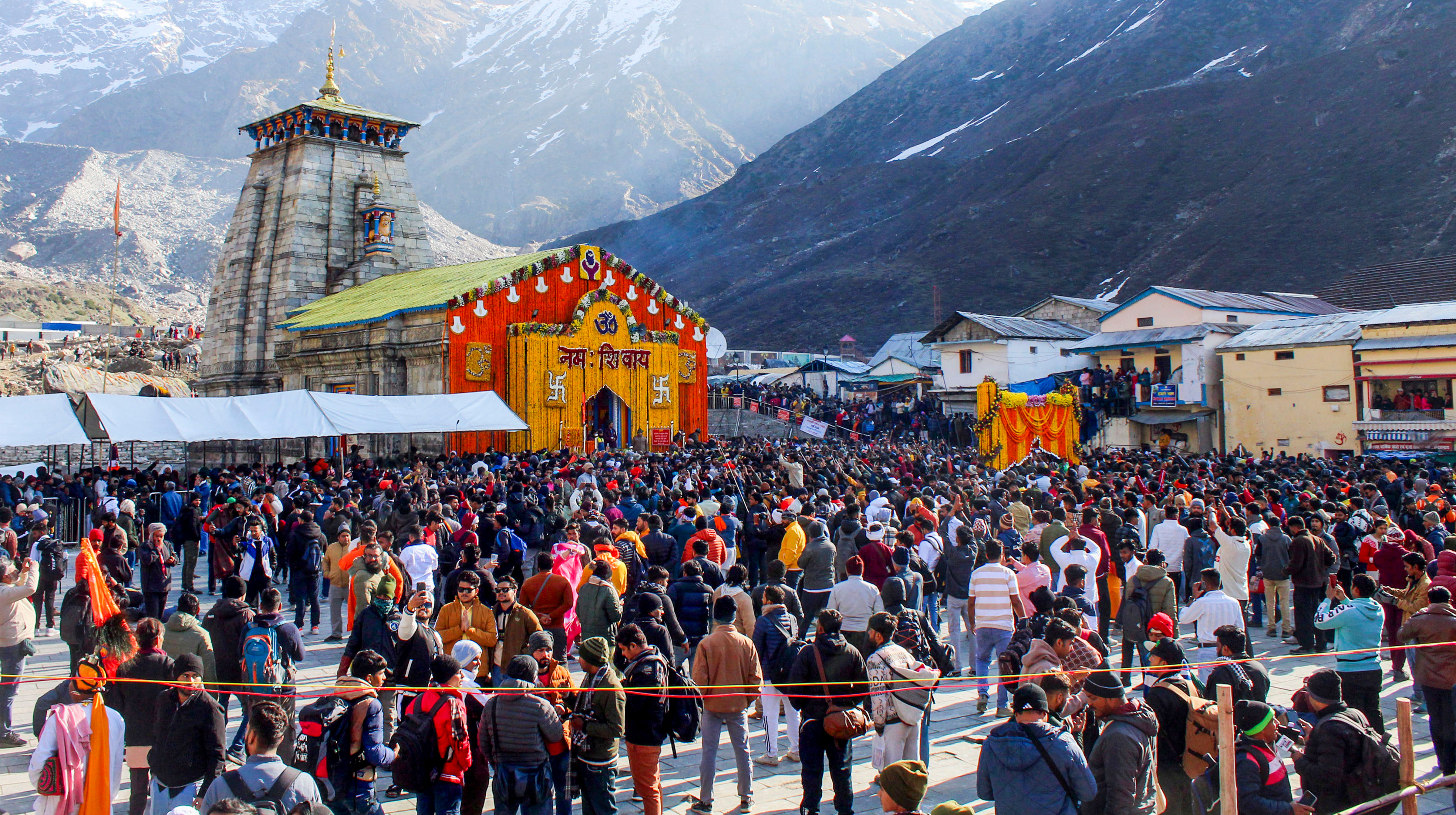 <div class="paragraphs"><p> Devotees arrive to offer prayers at the Kedarnath Temple after its portals opened, marking the start of the 'Char Dham Yatra', in Rudraprayag.</p></div>