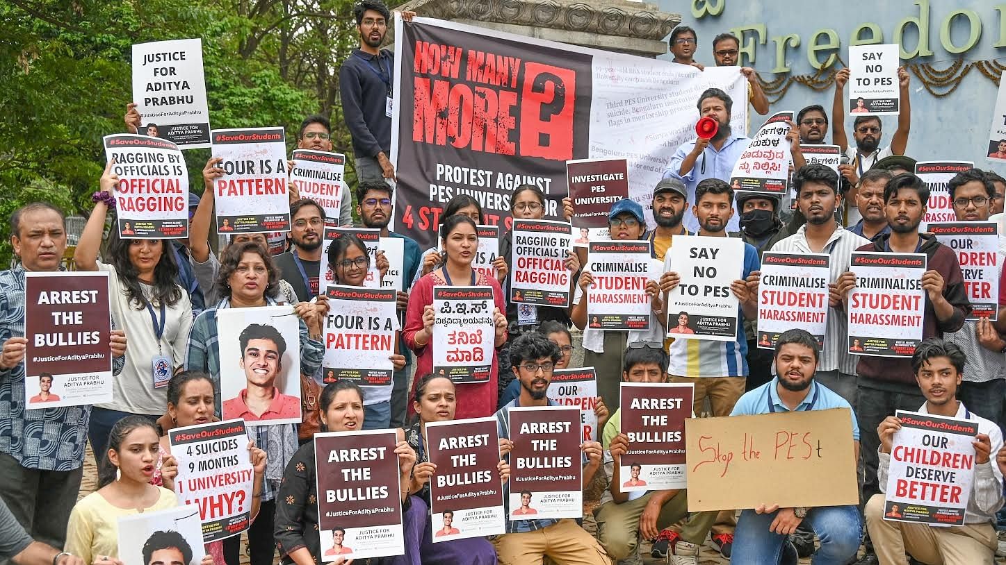 <div class="paragraphs"><p>Students and family members protest at Freedom Park in Bengaluru on May 18, 2024, over the suicide of four students in 10 months at PES University.</p></div>