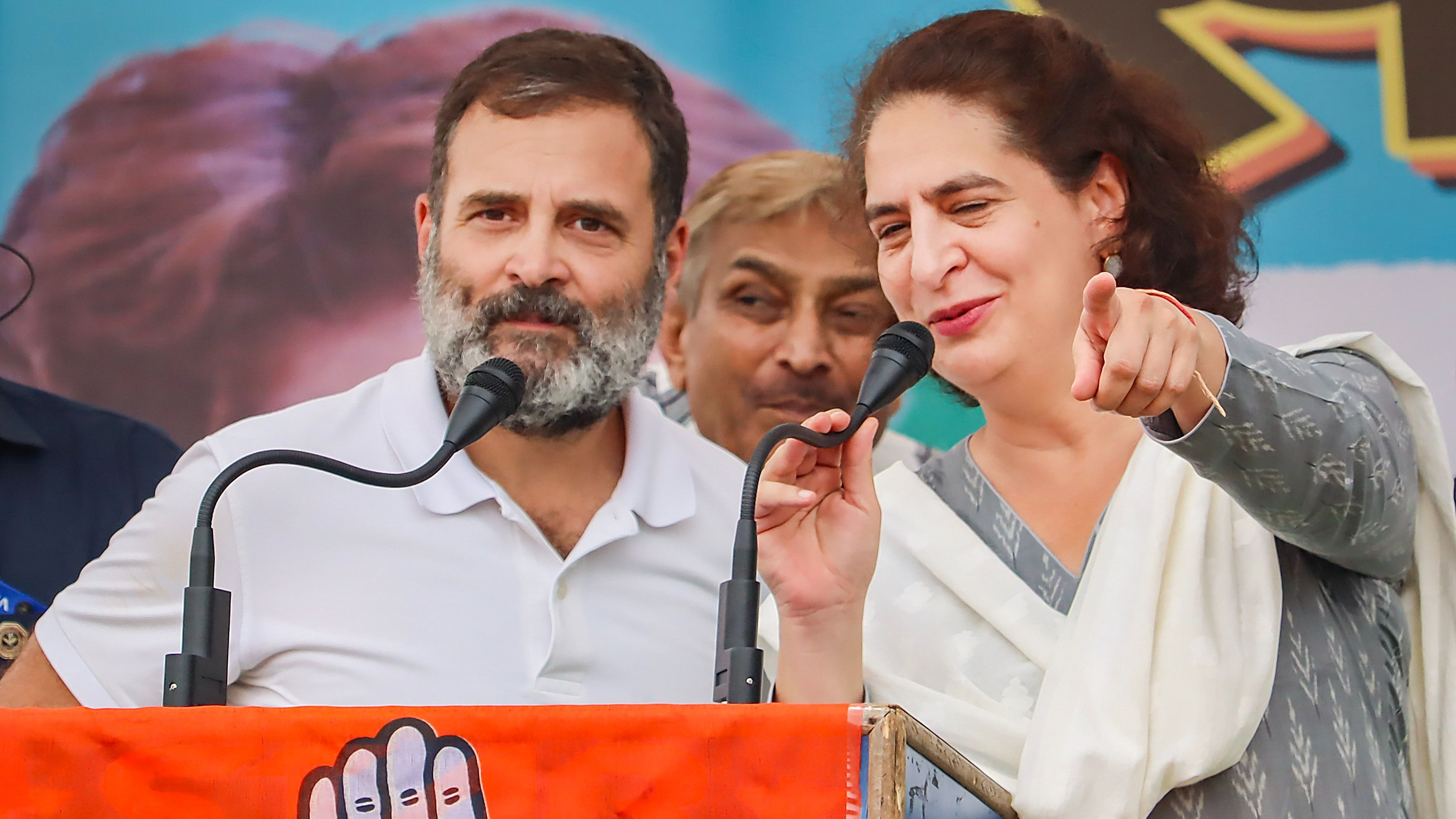 <div class="paragraphs"><p>Rahul Gandhi and Priyanka Gandhi during a public meeting for Lok Sabha elections, at Maharajganj in Raebareli on Monday.</p></div>