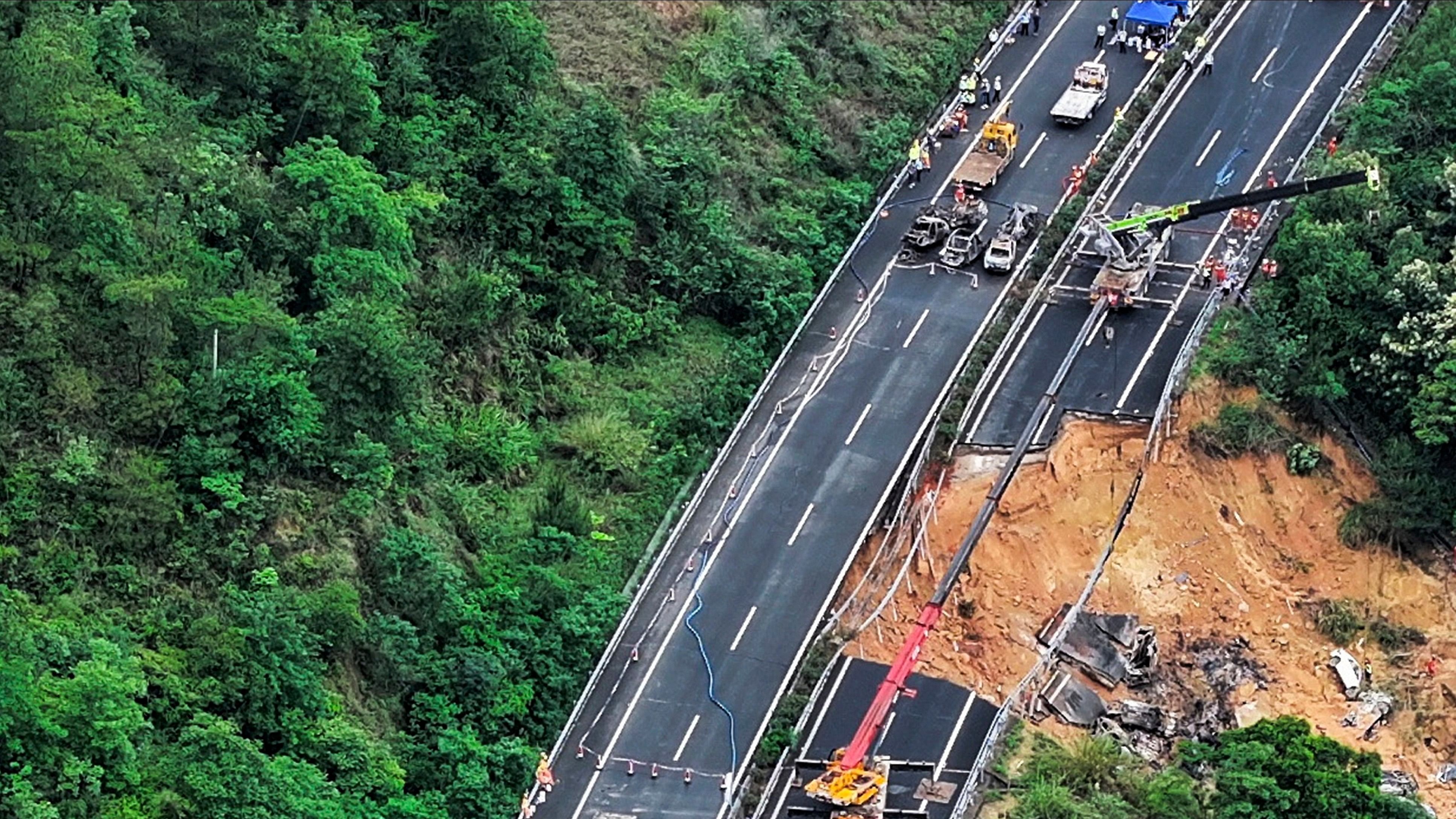 <div class="paragraphs"><p>An aerial view showing rescuers work at the site of a collapsed highway in China's Guangdong Province on  May 1, 2024.&nbsp;</p></div>