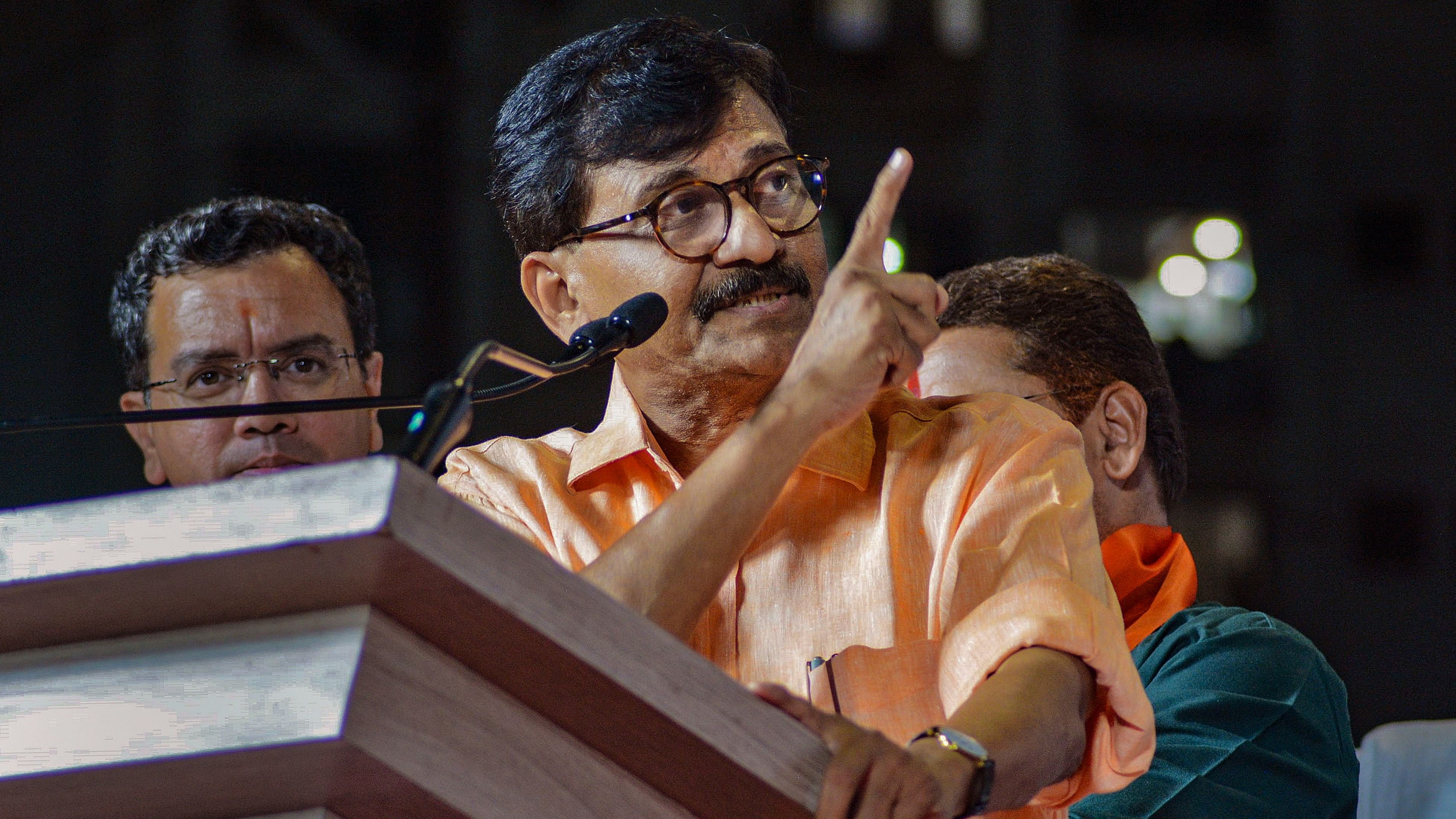 <div class="paragraphs"><p>Shiv Sena (UBT) leader Sanjay Raut addresses an election campaign rally.</p></div>