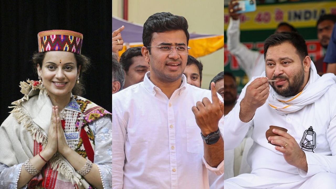 <div class="paragraphs"><p>BJP candidate Kangana Ranaut, BJP's&nbsp;Tejasvi Surya and&nbsp;RJD leader Tejashwi Yadav (L-R).</p></div>