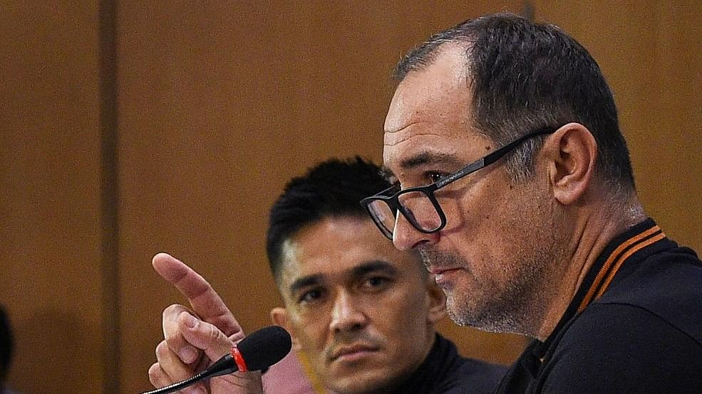 <div class="paragraphs"><p>Indian football team captain Sunil Chhetri with Coach Igor Stimac during a press conference.</p></div>