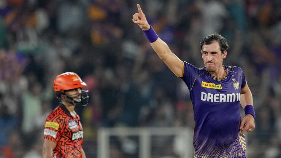 <div class="paragraphs"><p>Kolkata Knight Riders player Mitchell Starc celebrates the wicket of Sunrisers Hyderabad's Shahbaz Ahmed.</p></div>