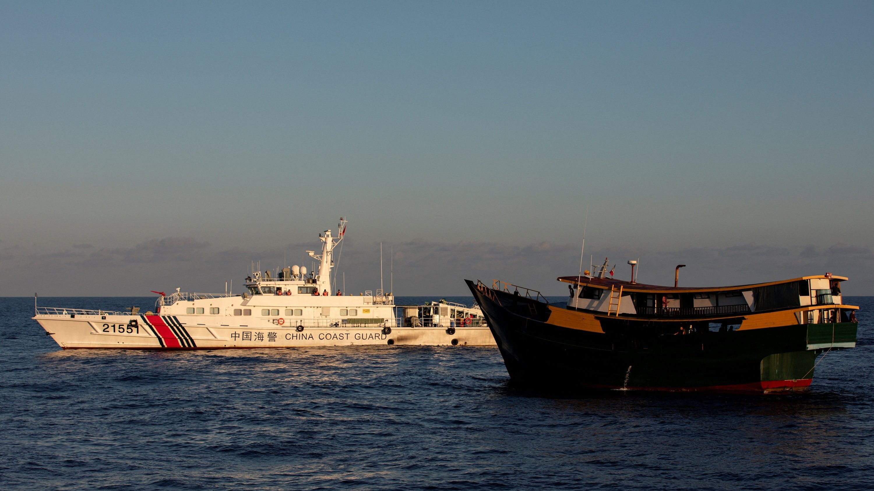 <div class="paragraphs"><p>File Photo: A Chinese Coast Guard vessel blocks the Philippine resupply vessel Unaizah May 4, on its way to a resupply mission at Second Thomas Shoal in the South China Sea, March 5, 2024. </p></div>