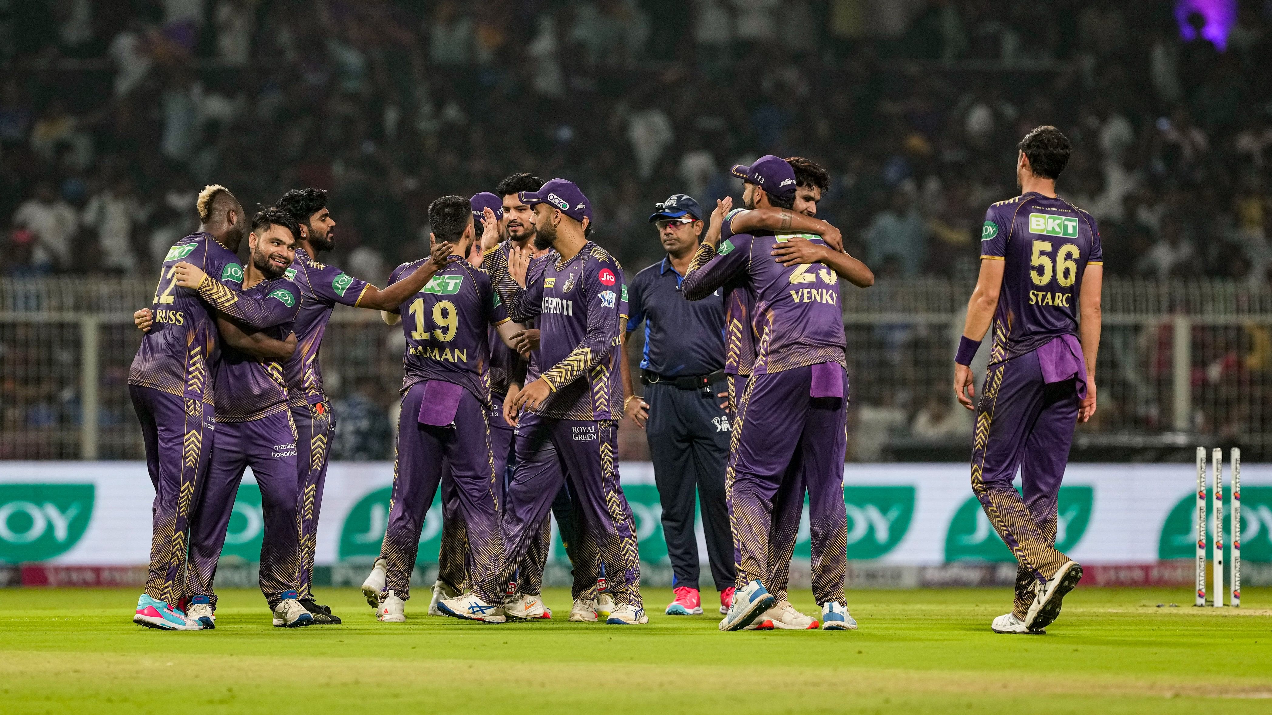 <div class="paragraphs"><p>Kolkata Knight Riders' players celebrate after winning against Mumbai Indians, at the Eden Gardens, in Kolkata, on Saturday.</p></div>