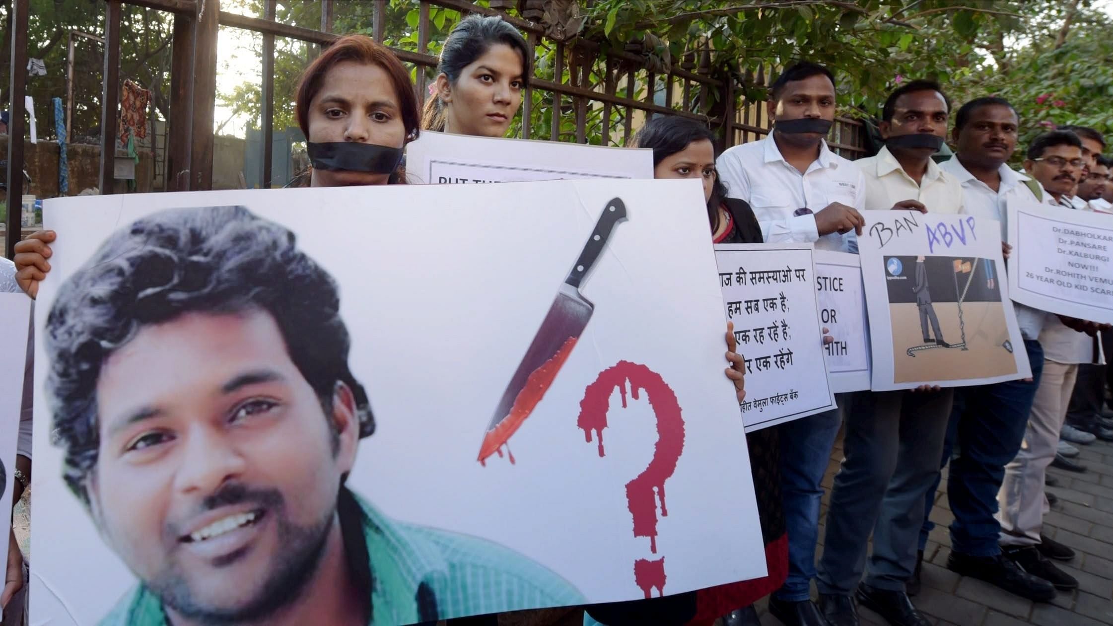 <div class="paragraphs"><p>In this Jan 21, 2016 file photo, students stage a protest against the suicide of a Dalit scholar Rohith Vemula in the Hyderabad Central University, in Mumbai</p></div>