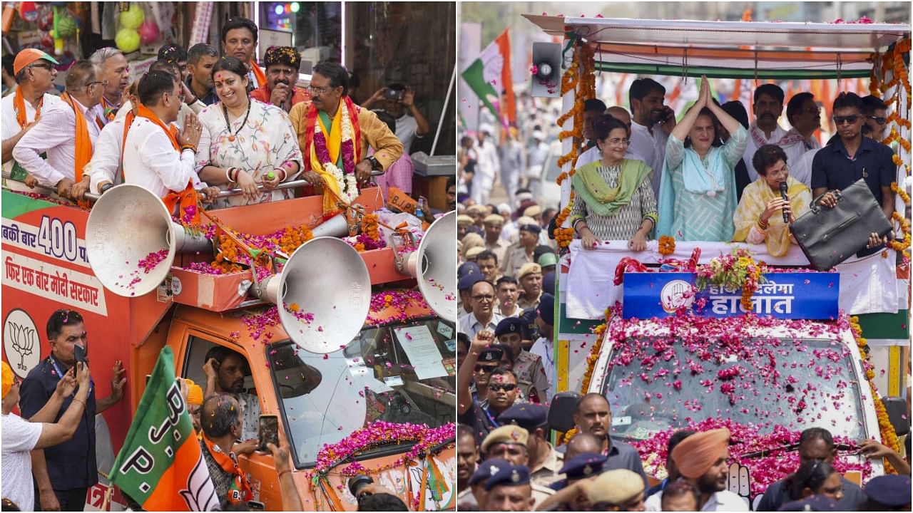 <div class="paragraphs"><p>Smriti Irani in East Delhi(L) and Priyanka Gandhi Vadra during a roadshow  in Sirsa, Haryana.&nbsp;</p></div>