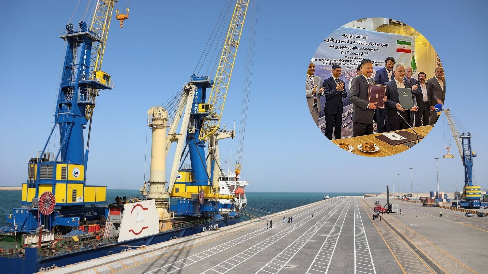 <div class="paragraphs"><p>A view of the Chabahar port is seen in this collage with the image on the right showing officials during the signing of a contract between India Ports Global Ltd. &amp; Ports and Maritime organisation of Iran for the operation of the Shahid Beheshti Port there.</p></div>