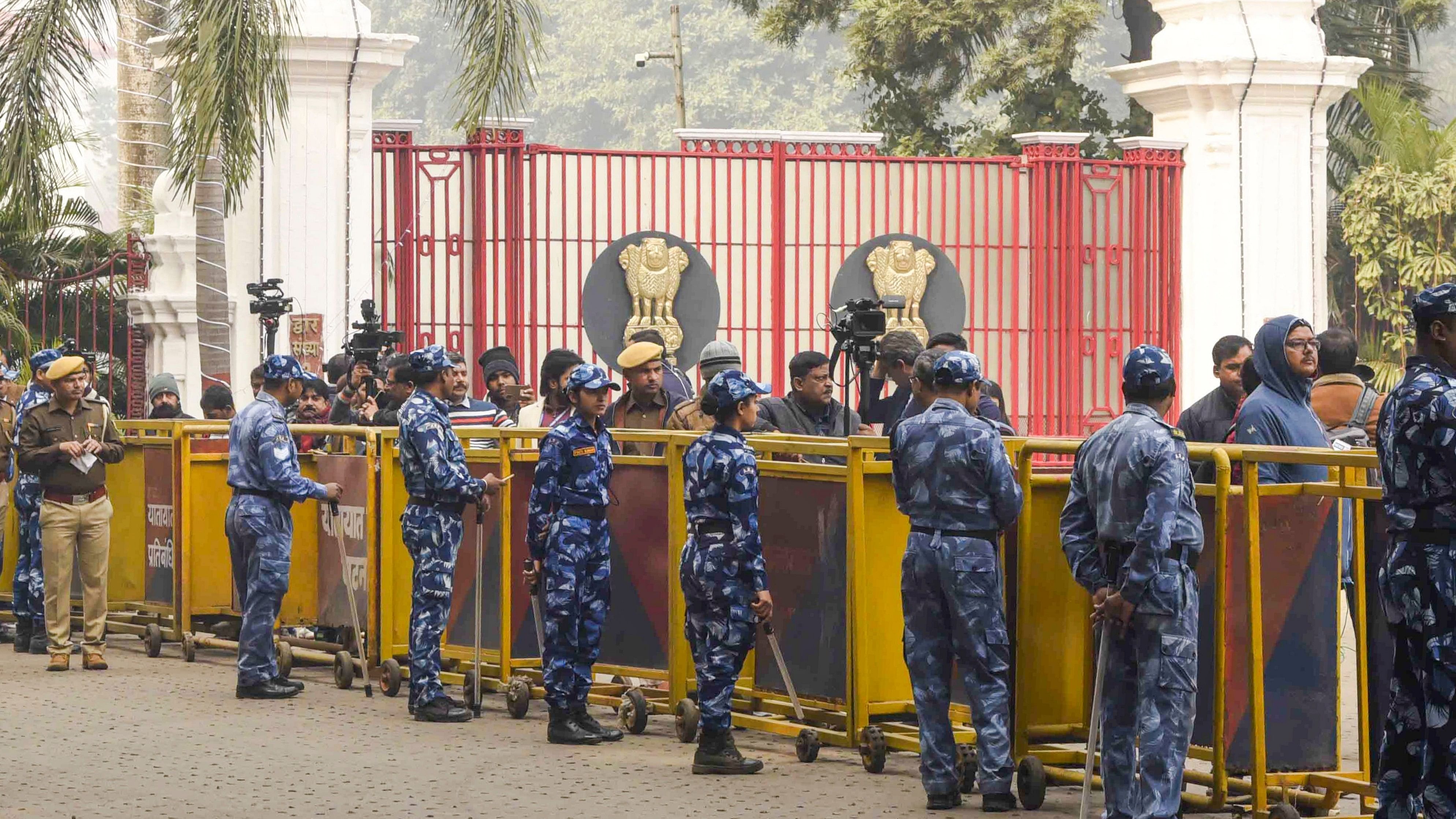 <div class="paragraphs"><p>Security personnel stand guard outside Raj Bhavan.</p></div>