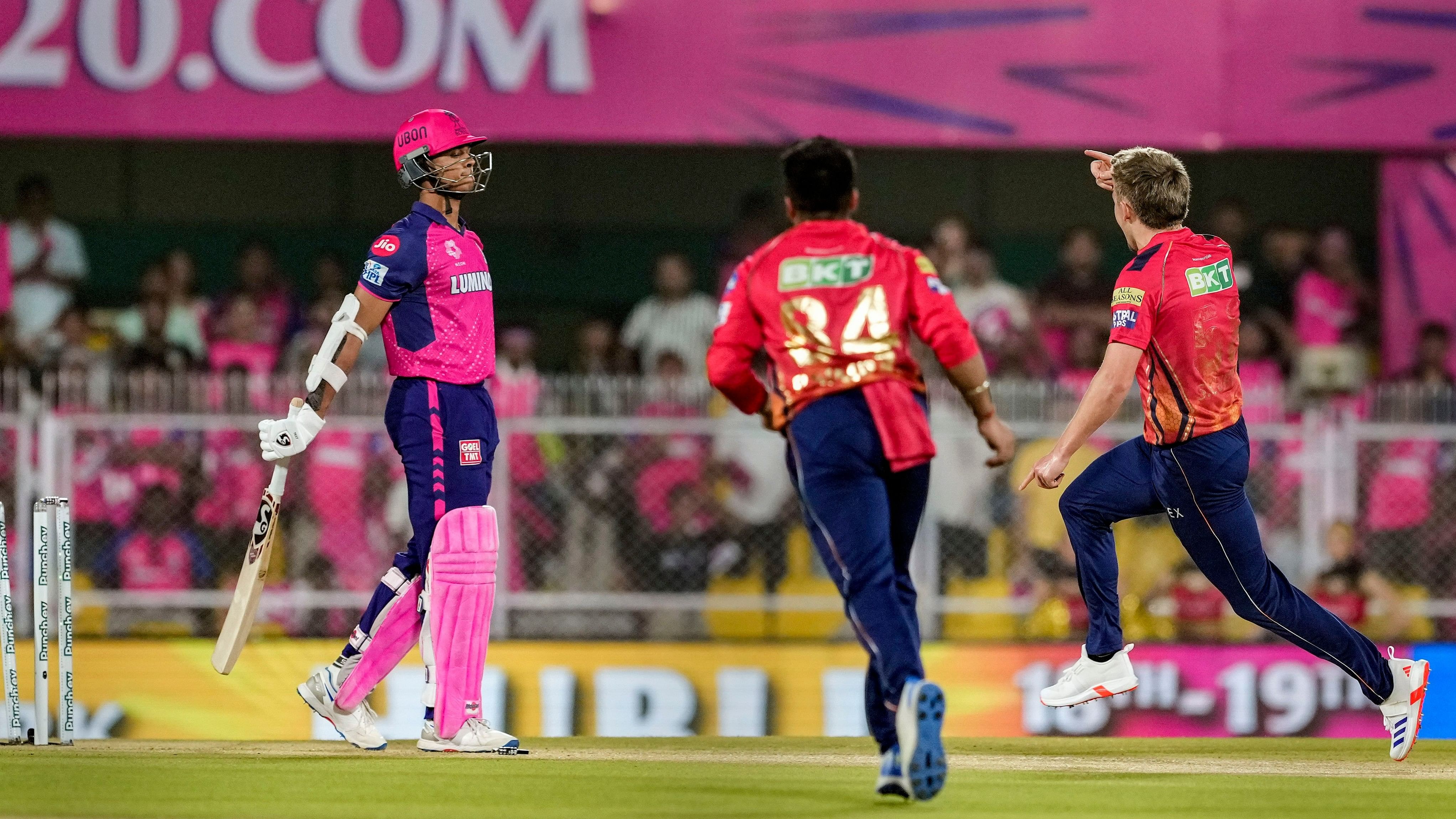 <div class="paragraphs"><p>Guwahati: Punjab Kings' captain Sam Curran celebrates the wicket of Rajasthan Royals' Yashasvi Jaiswal during an Indian Premier League (IPL) 2024 T20 cricket match between Rajasthan Royals (RR) and Punjab Kings(PBKS), at the ACA Stadium, Barsapara, in Guwahati, Wednesday, May 15, 2024. </p></div>