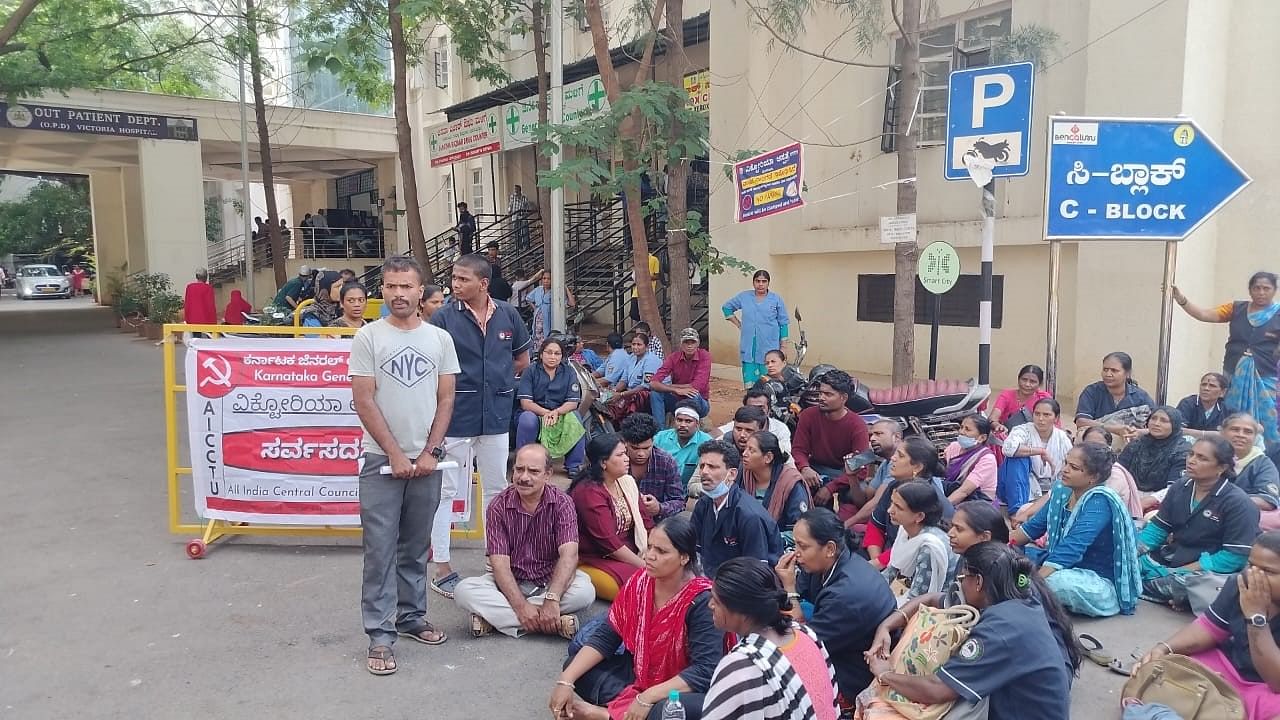 <div class="paragraphs"><p>A sit-in protest within the hospital premises began on Wednesday, when 56 ward attenders were asked not to report to work. </p></div>