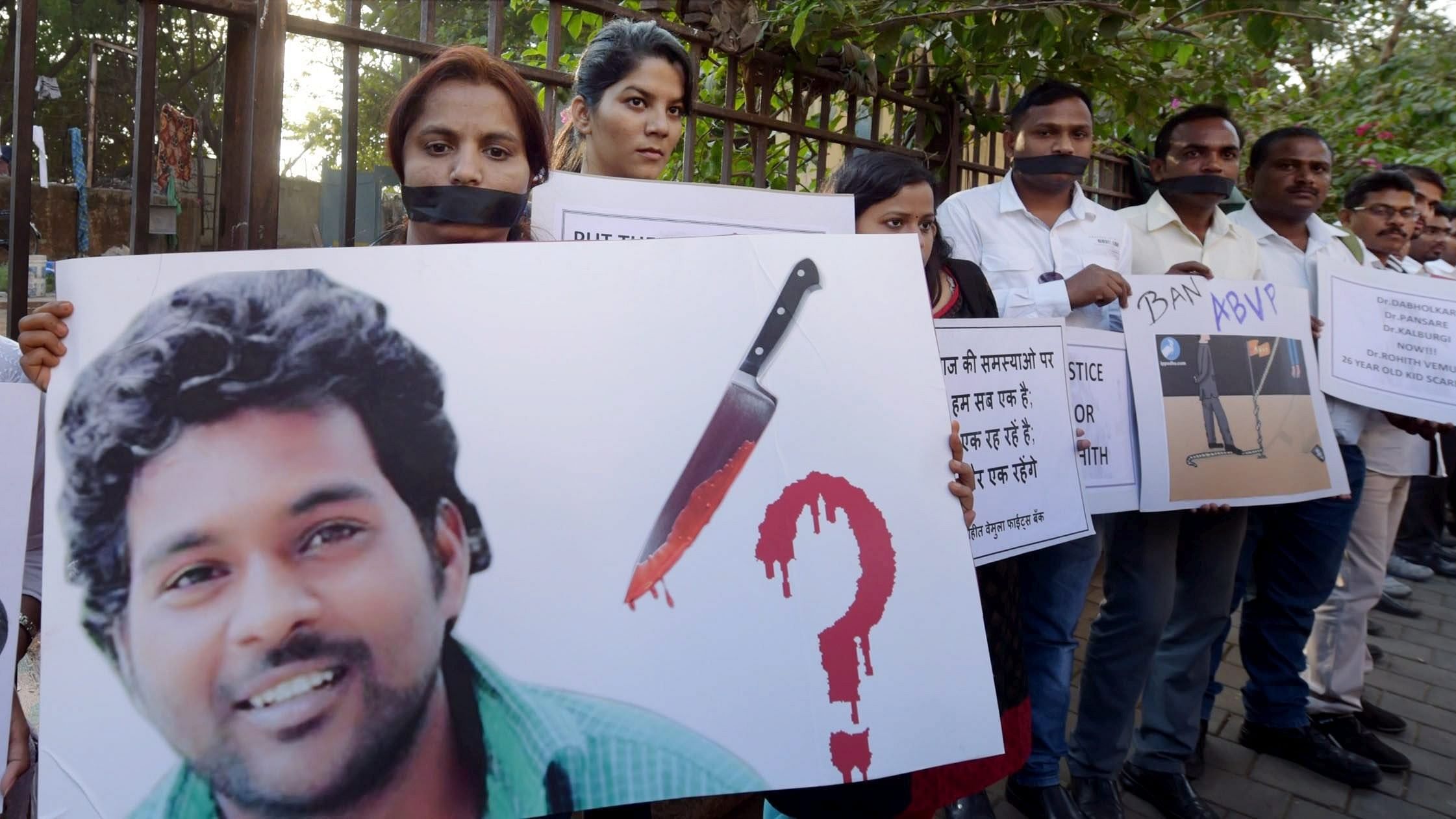 <div class="paragraphs"><p> In this January 21, 2016, file photo, students stage a protest against the suicide of Rohith Vemula in the Hyderabad Central University, in Mumbai.</p></div>