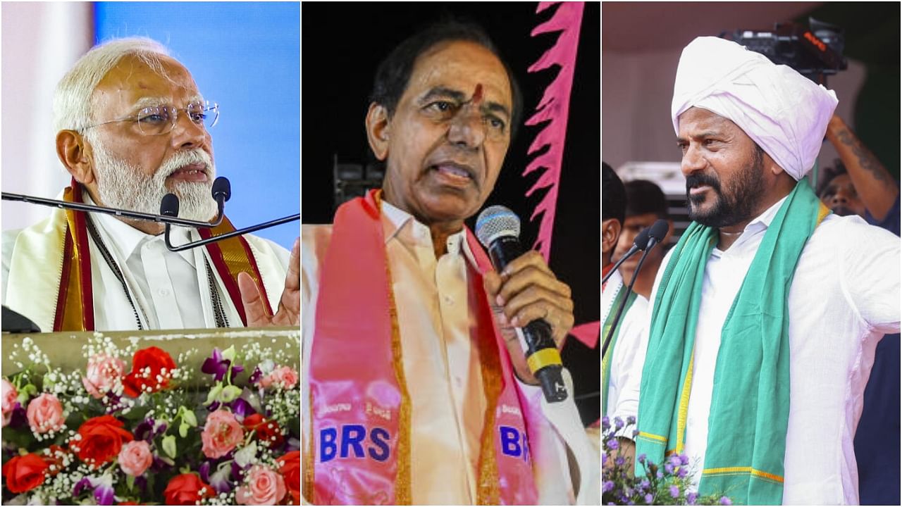 <div class="paragraphs"><p>PM Modi at a rally in Adilabad(L), KCR at a road show(C) and&nbsp;Telangana CM  A Revanth Reddy.</p></div>