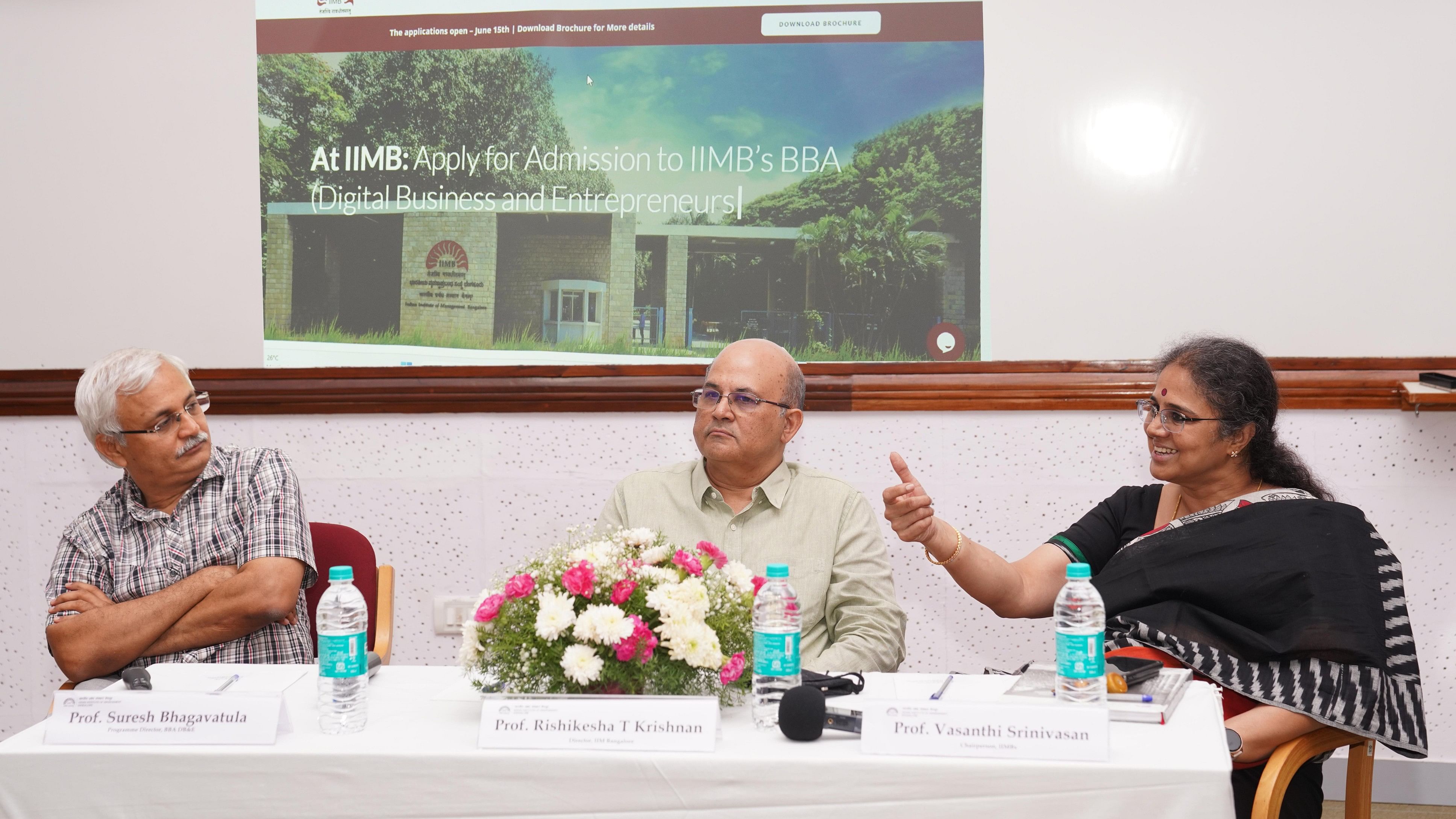 <div class="paragraphs"><p>From left, Prof Suresh Bhagavatula, Programme Director, BBA DBE, Prof Rishikesha T Krishnan, Director, IIM-B, and Prof Vasanthi Srinivasan, Chairperson, IIMBx (IIM-B's digital learning initiative), at the media interaction on Friday.</p><p></p></div>