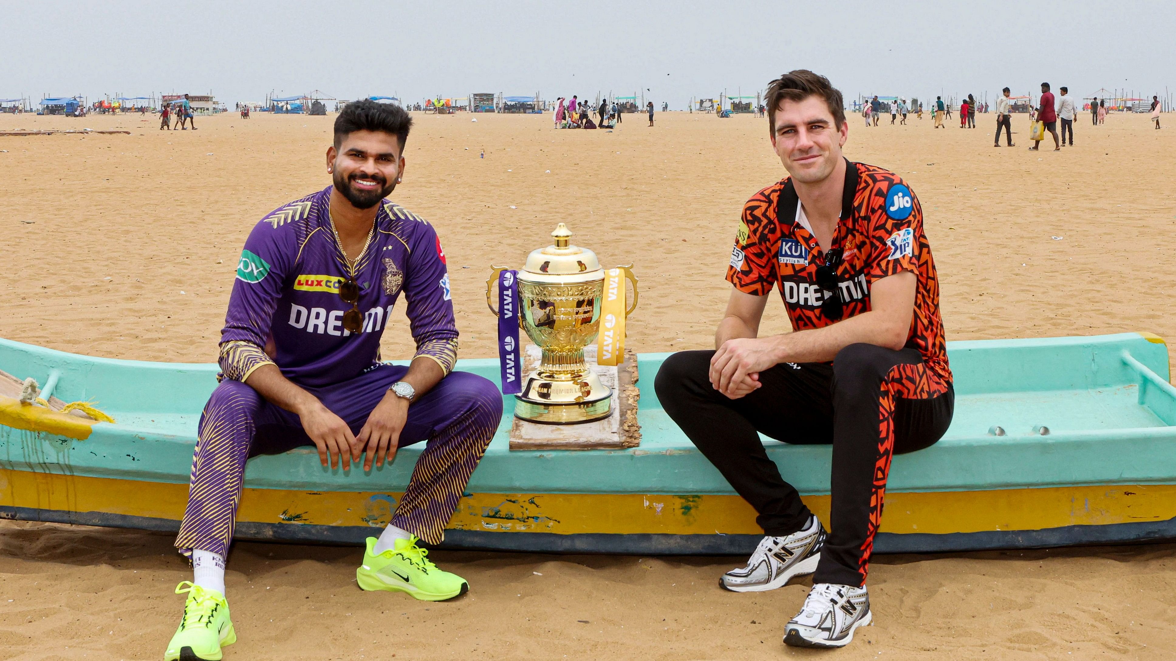 <div class="paragraphs"><p>Kolkata Knight Riders captain Shreyas Iyer and Sunrisers Hyderabad's Pat Cummins pose for photos with the Indian Premier League (IPL) trophy on the eve of the final match, in Chennai, on Saturday.</p></div>