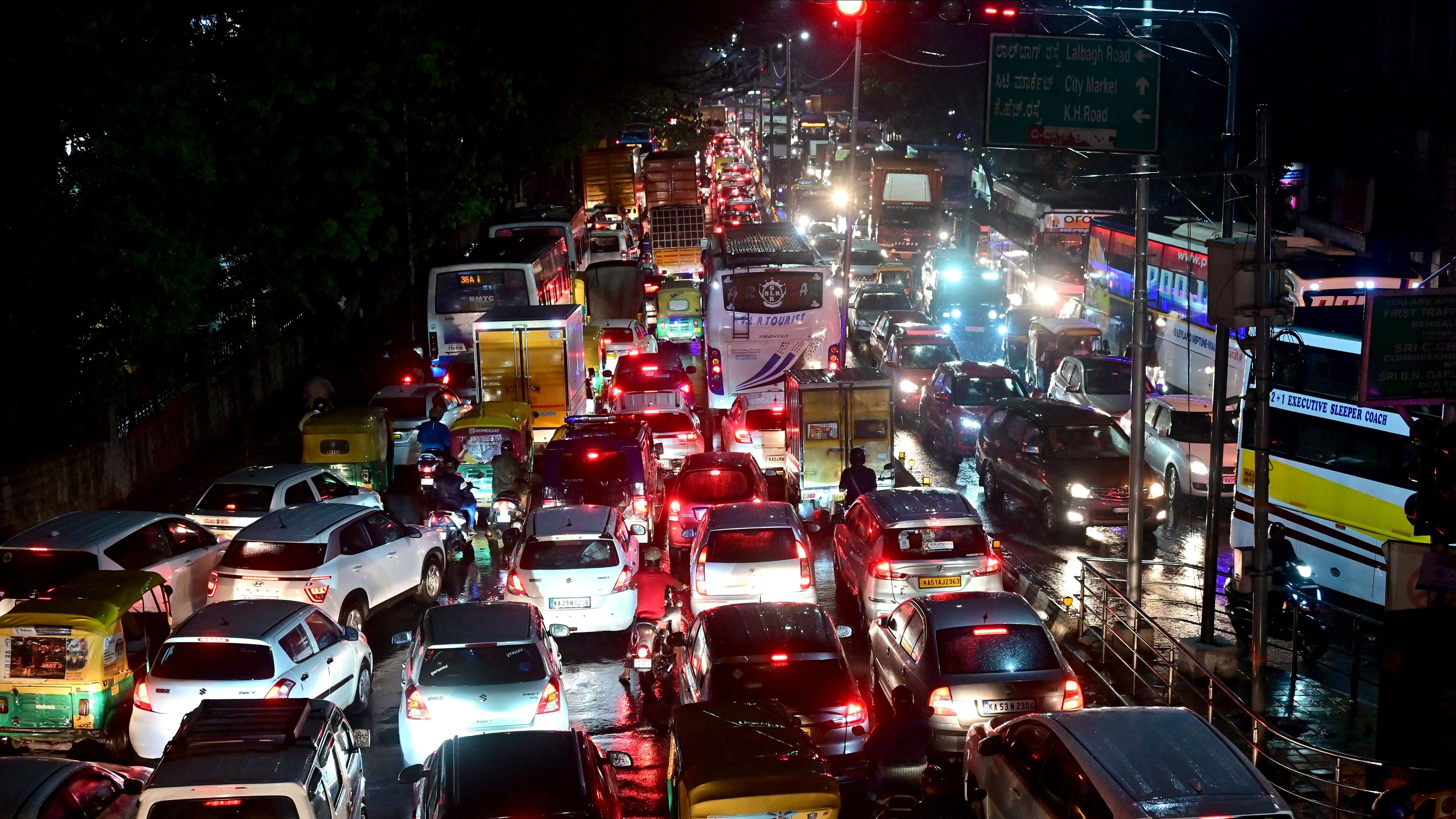 <div class="paragraphs"><p>Several areas in Bengaluru grapple with&nbsp;traffic&nbsp;disruptions&nbsp;due&nbsp;to waterlogged roads following a downpour. This is a picture of a traffic jam near the Corporation Officeon NR Road following last week’s showers.&nbsp;</p></div>