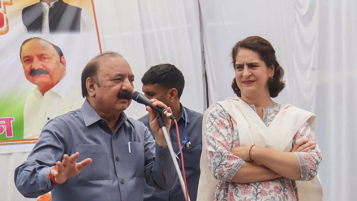 <div class="paragraphs"><p>Priyanka Gandhi Vadra and party candidate from Amethi constituency Kishori Lal Sharma during a rally for Lok Sabha elections, in Amethi.</p></div>