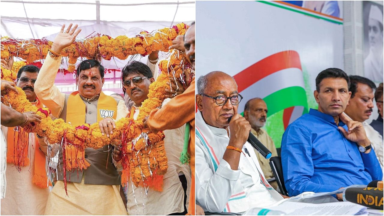 <div class="paragraphs"><p>Madhya Pradesh Chief Minister Mohan Yadav being garlanded during a public meeting in Khargone(L), Congress leaders Digvijaya Singh and&nbsp;Jitu Patwari.</p></div>