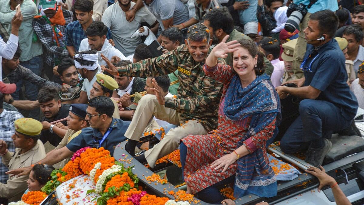 <div class="paragraphs"><p>Congress National General Secretary Priyanka Gandhi during a roadshow in support of Congress candidate from Fatehpur Sikri Lok Sabha seat Ramnath Singh Sikarwar, in Agra, Friday, May 3, 2024. </p></div>